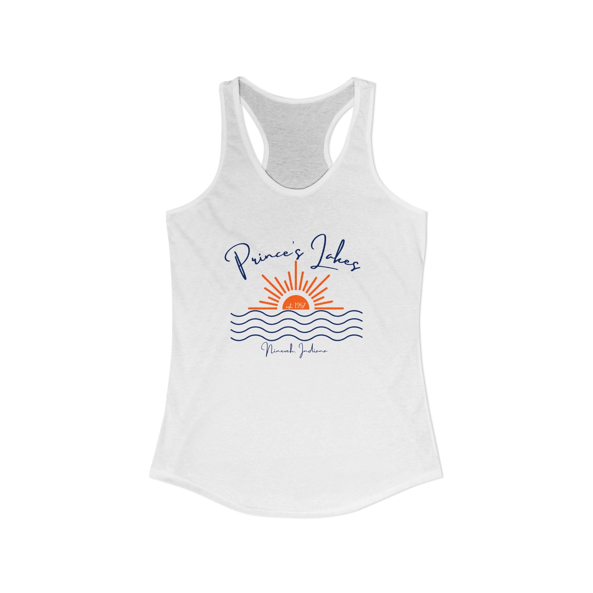 Women's Ideal Racerback Tank- Sun over Water "Prince's Lakes" Script