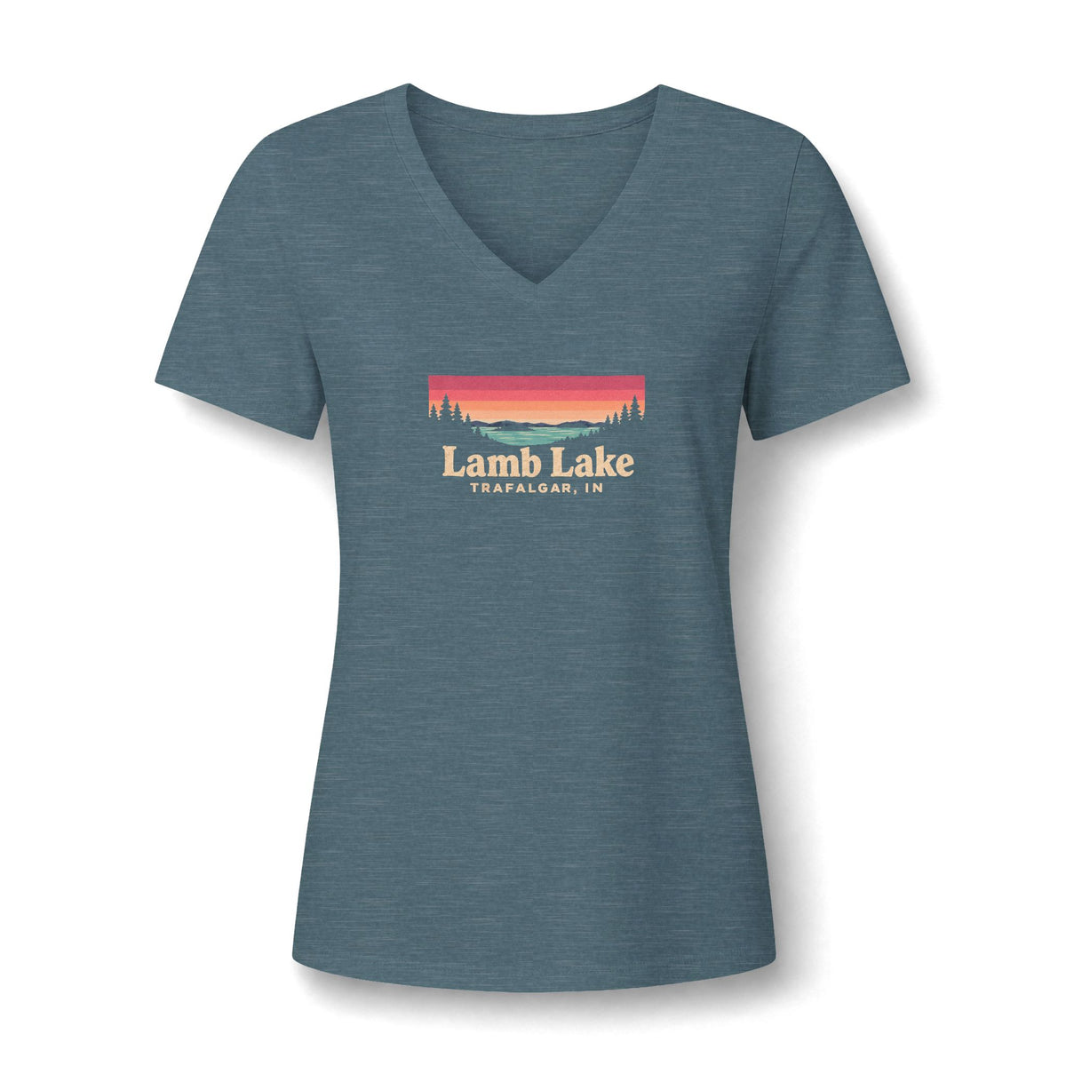 Lamb Lake Women's V-Neck Tee — Sunset Lake Graphic