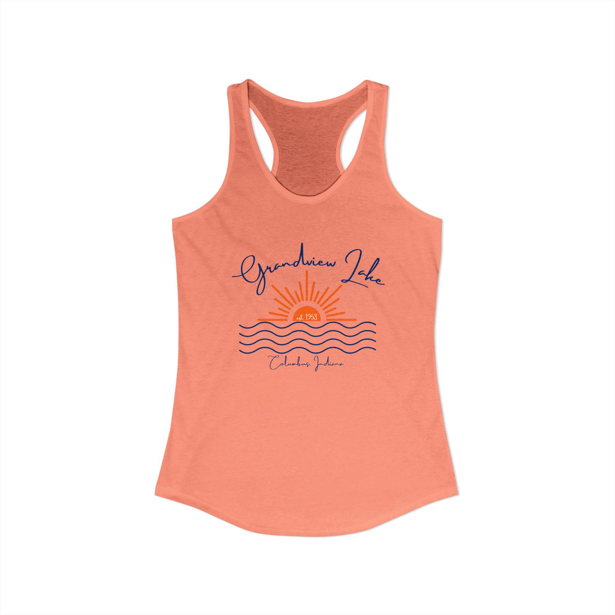 Women's Ideal Racerback Tank- Sun over Water "Grandview Lake" Script