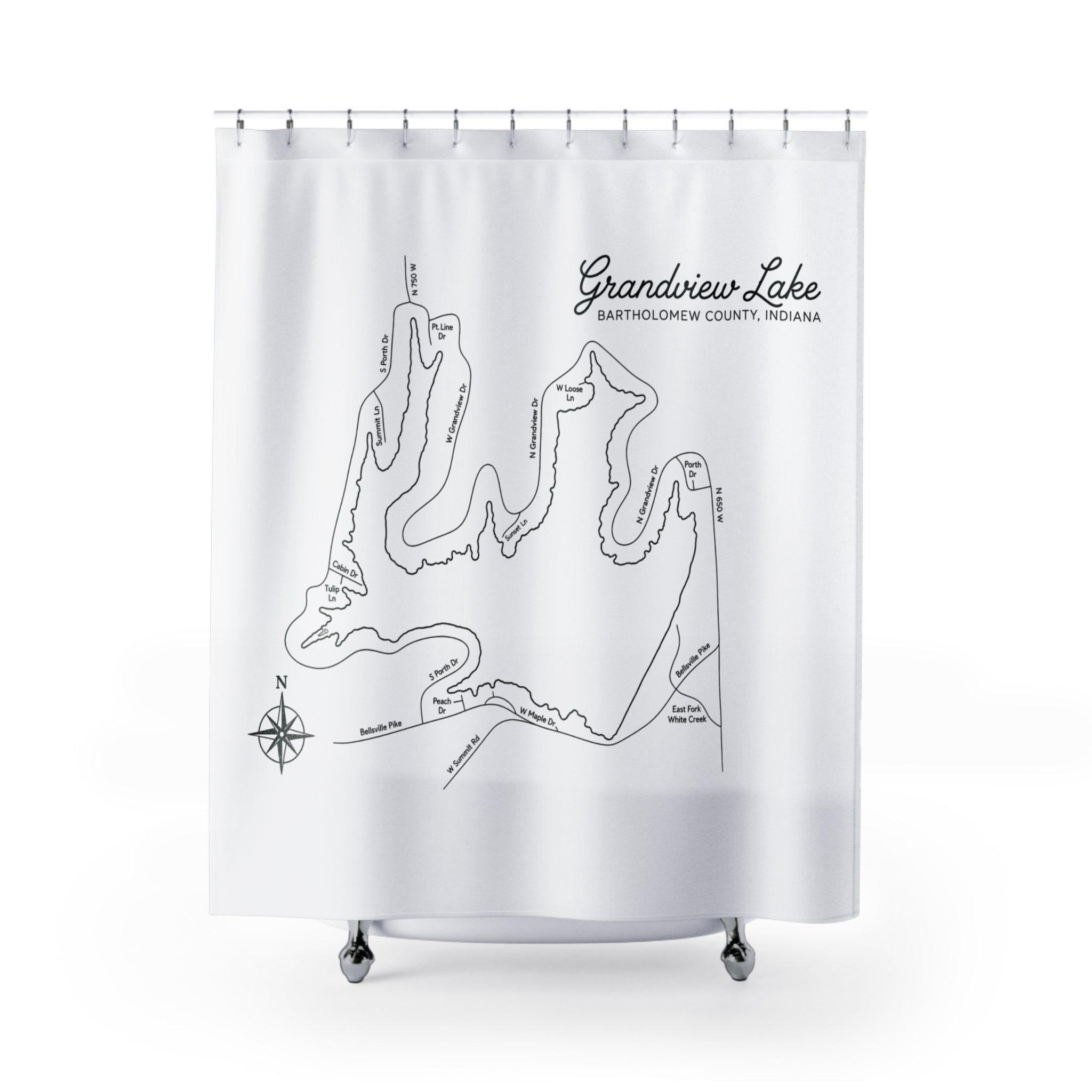 Grandview Lake Map Shower Curtain — Decorative Bath Curtain with Lake Map Design