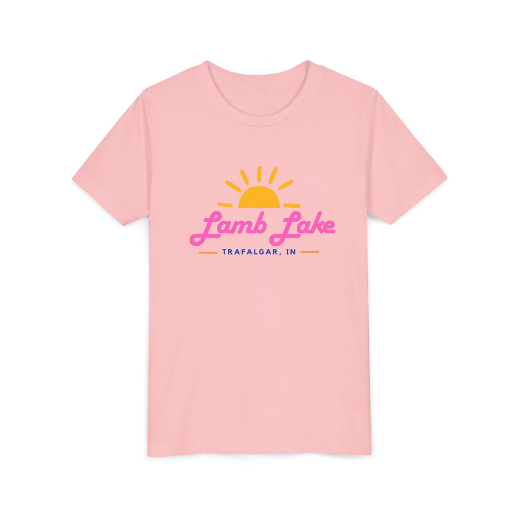 Youth Tee — Lamb Lake Retro Sunset Kids Shirt (Trafalgar, IN)