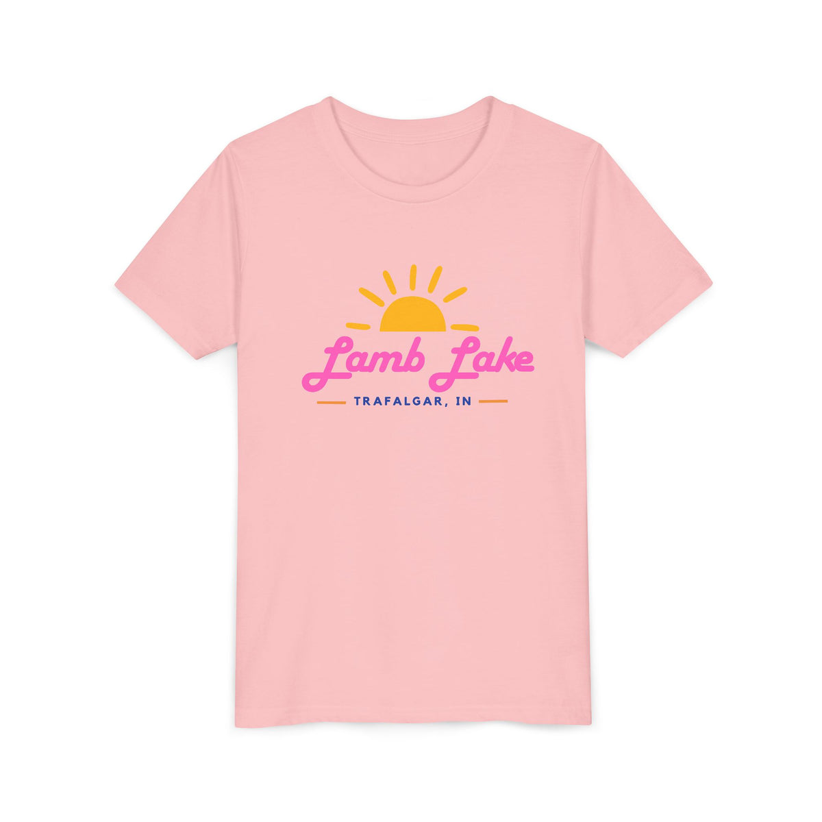 Youth Tee — Lamb Lake Retro Sunset Kids Shirt (Trafalgar, IN)