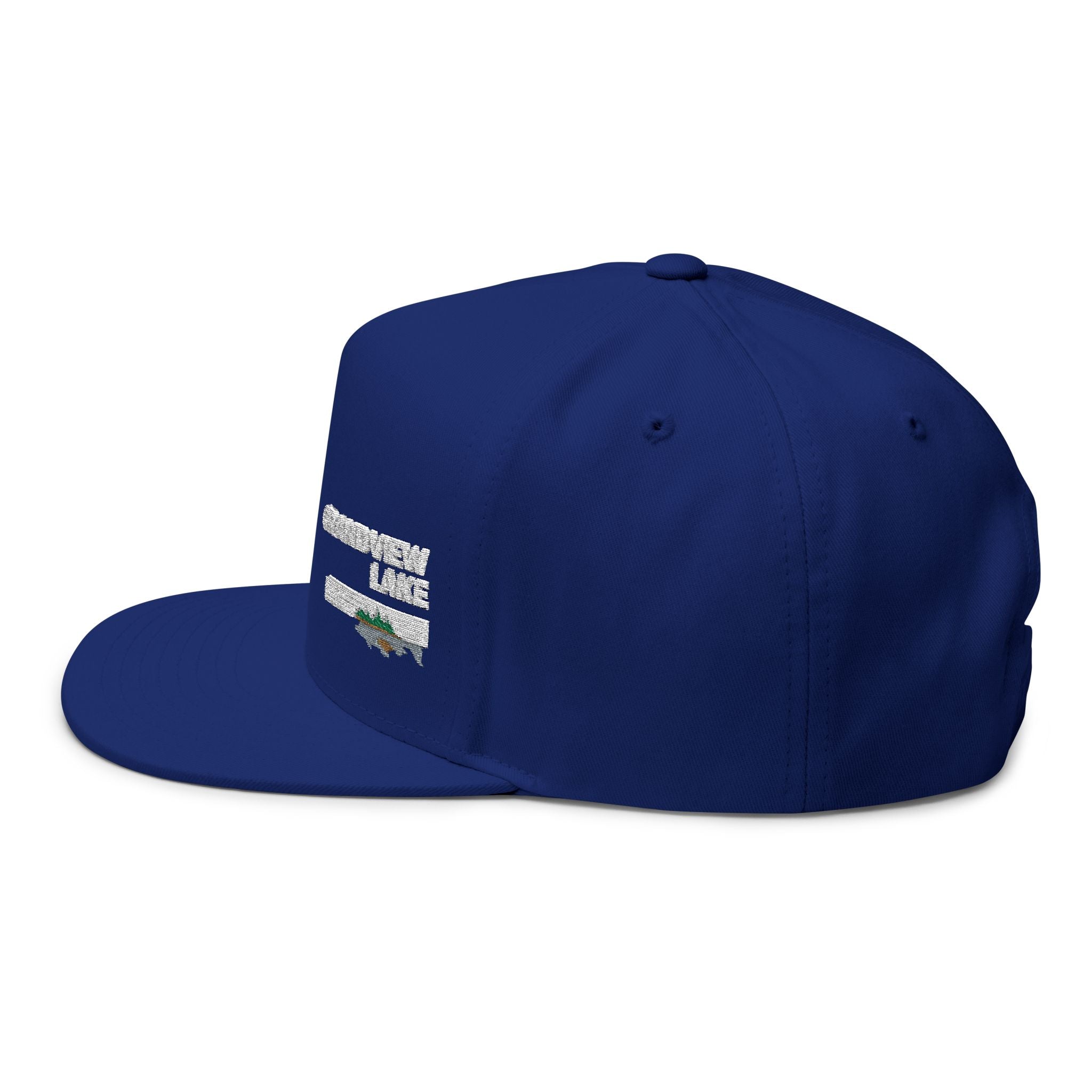 Grandview Lake White Embroidered Flat Bill Cap — Fishing & Lake Life Snapback