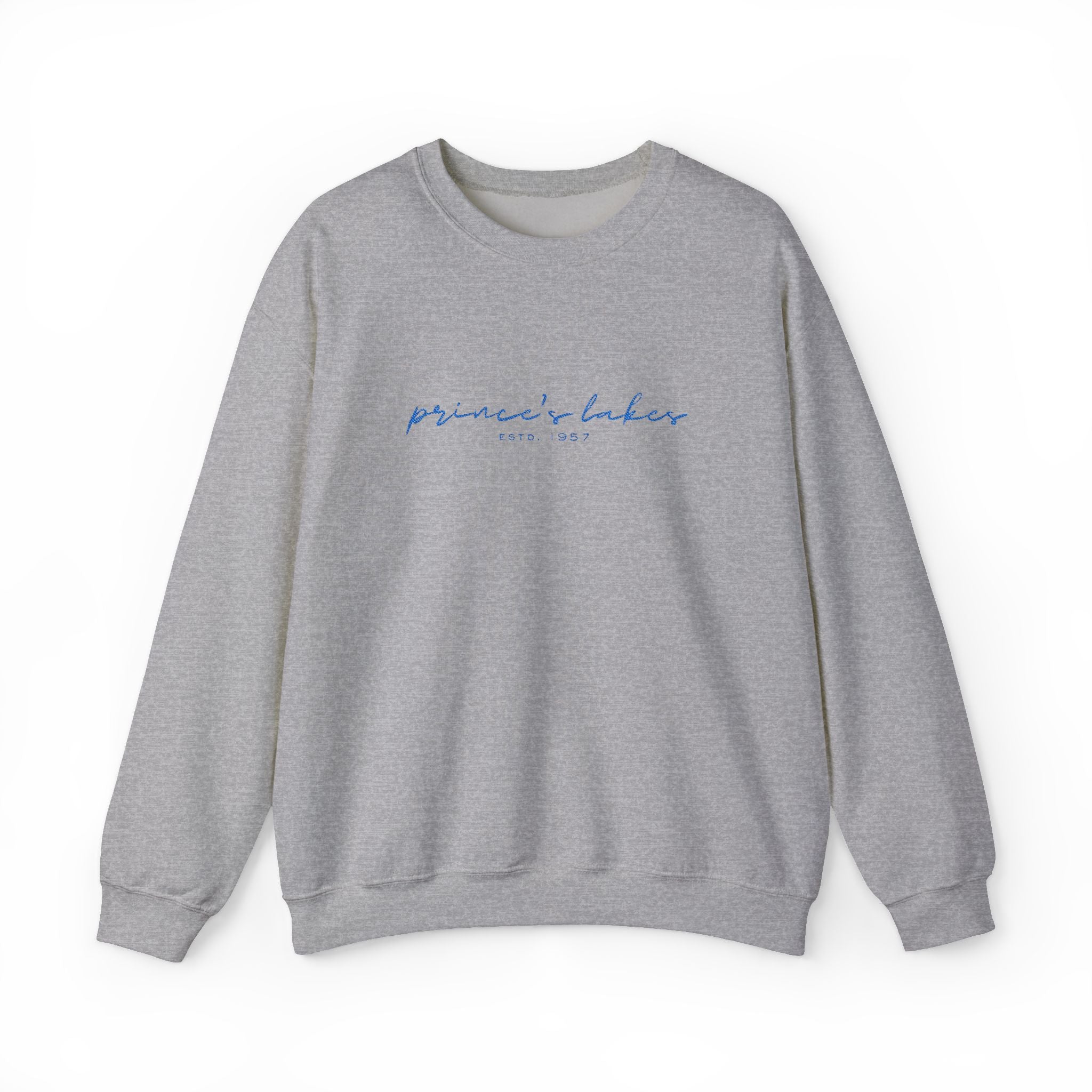 'Prince's Lakes' Script Embroidered Unisex Sweatshirt — Minimal Blue Handwritten Logo Crewneck