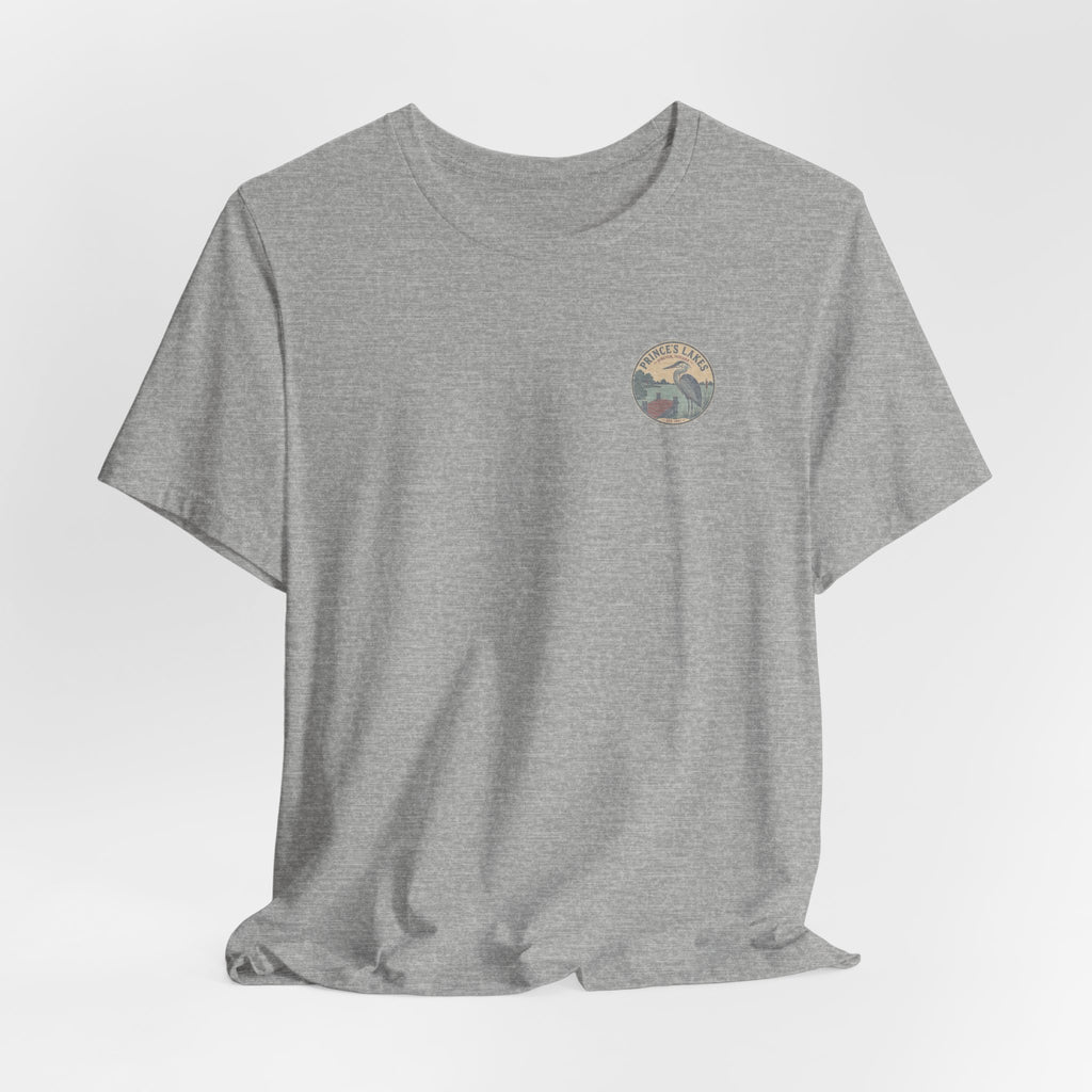 Prince's Lakes Great Blue Heron Graphic Tee — Vintage Nature Pocket & Back Print