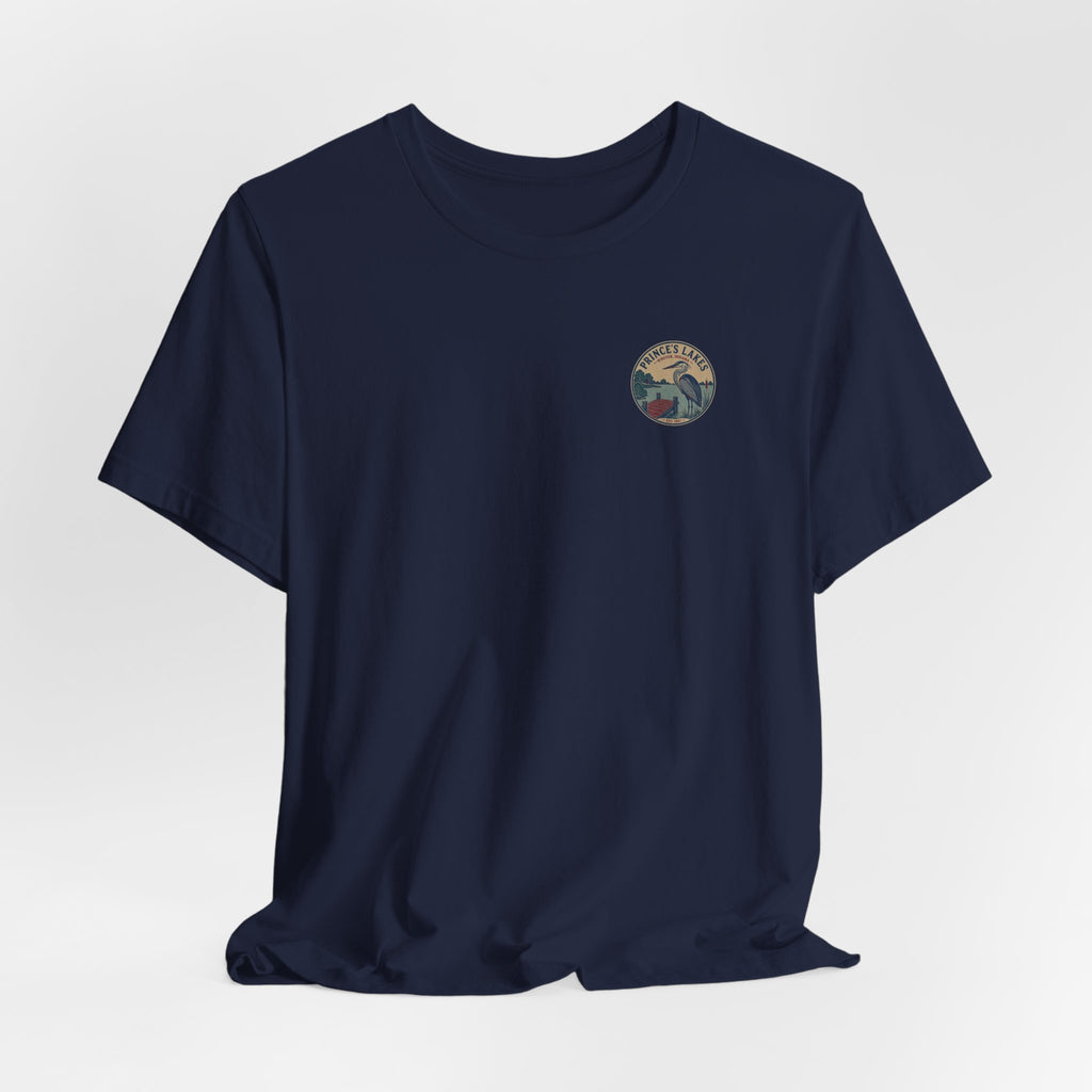 Prince's Lakes Great Blue Heron Graphic Tee — Vintage Nature Pocket & Back Print