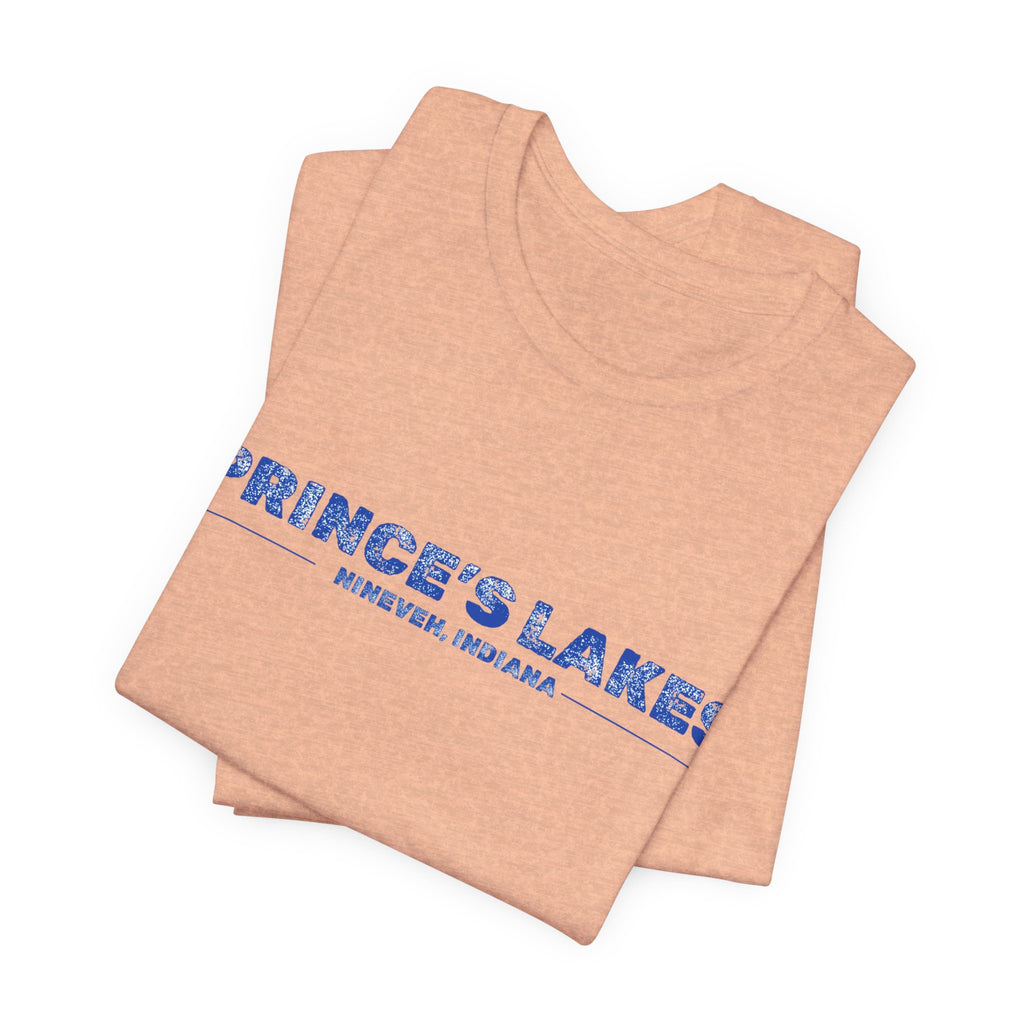 Prince's Lakes, Indiana Tee — Vintage Blue Text Short Sleeve T-Shirt