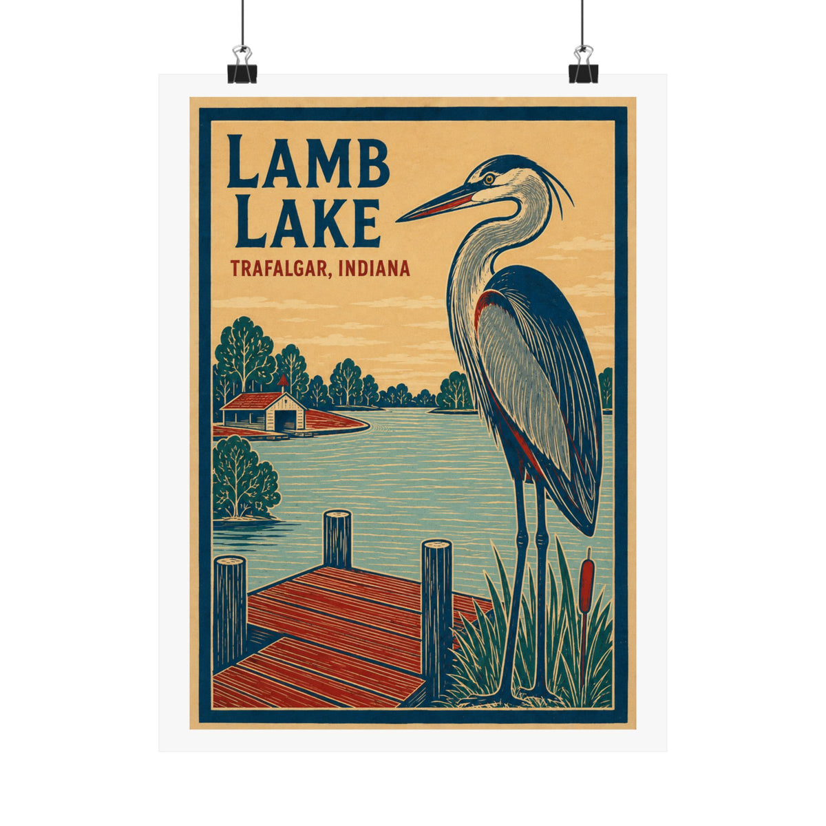 Lamb Lake Vintage Blue Heron Poster