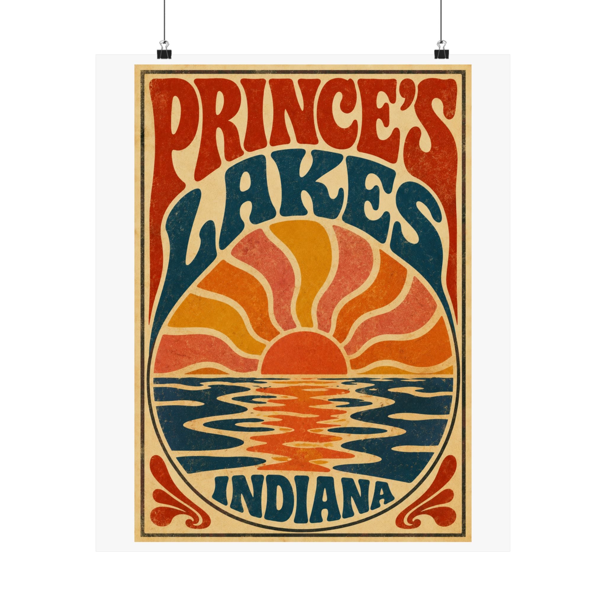 Prince's Lakes Indiana Groovy Sunset Poster — Matte Vertical Wall Art