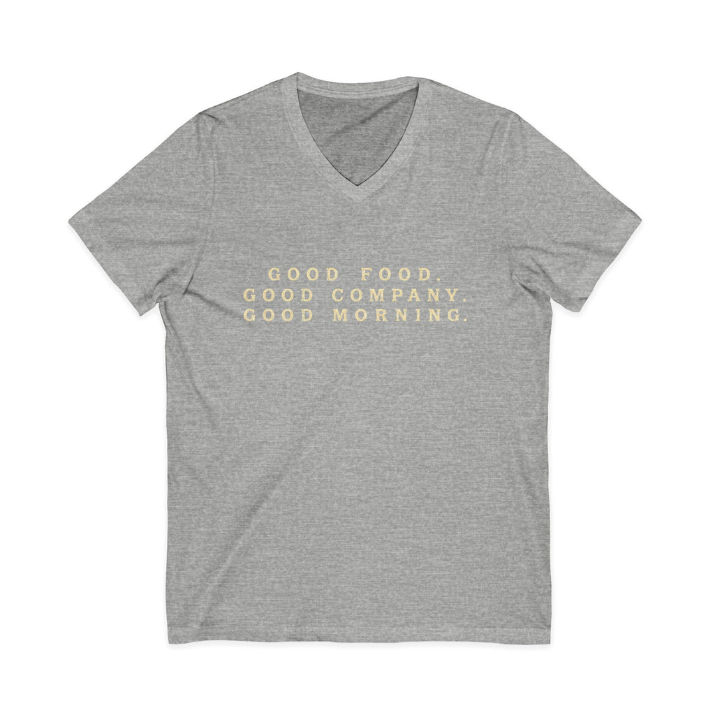 Good Food Good Company Good Morning V-Neck Tee — Retro Lake Breakfast Club Graphic Shirt