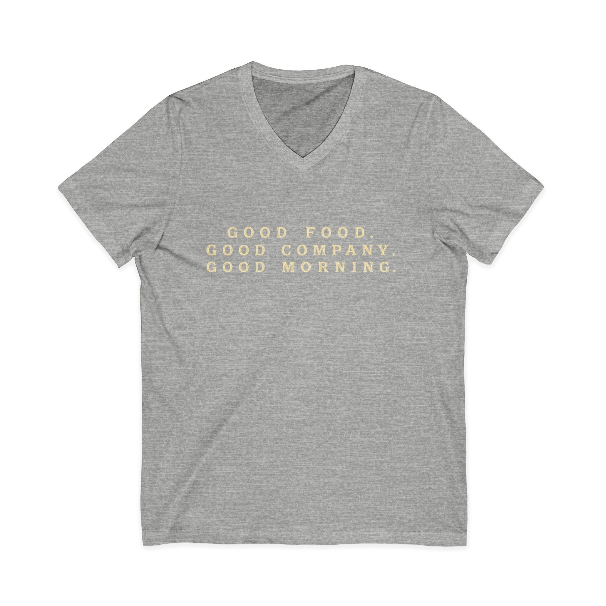 Good Food Good Company Good Morning V-Neck Tee — Retro Lake Breakfast Club Graphic Shirt
