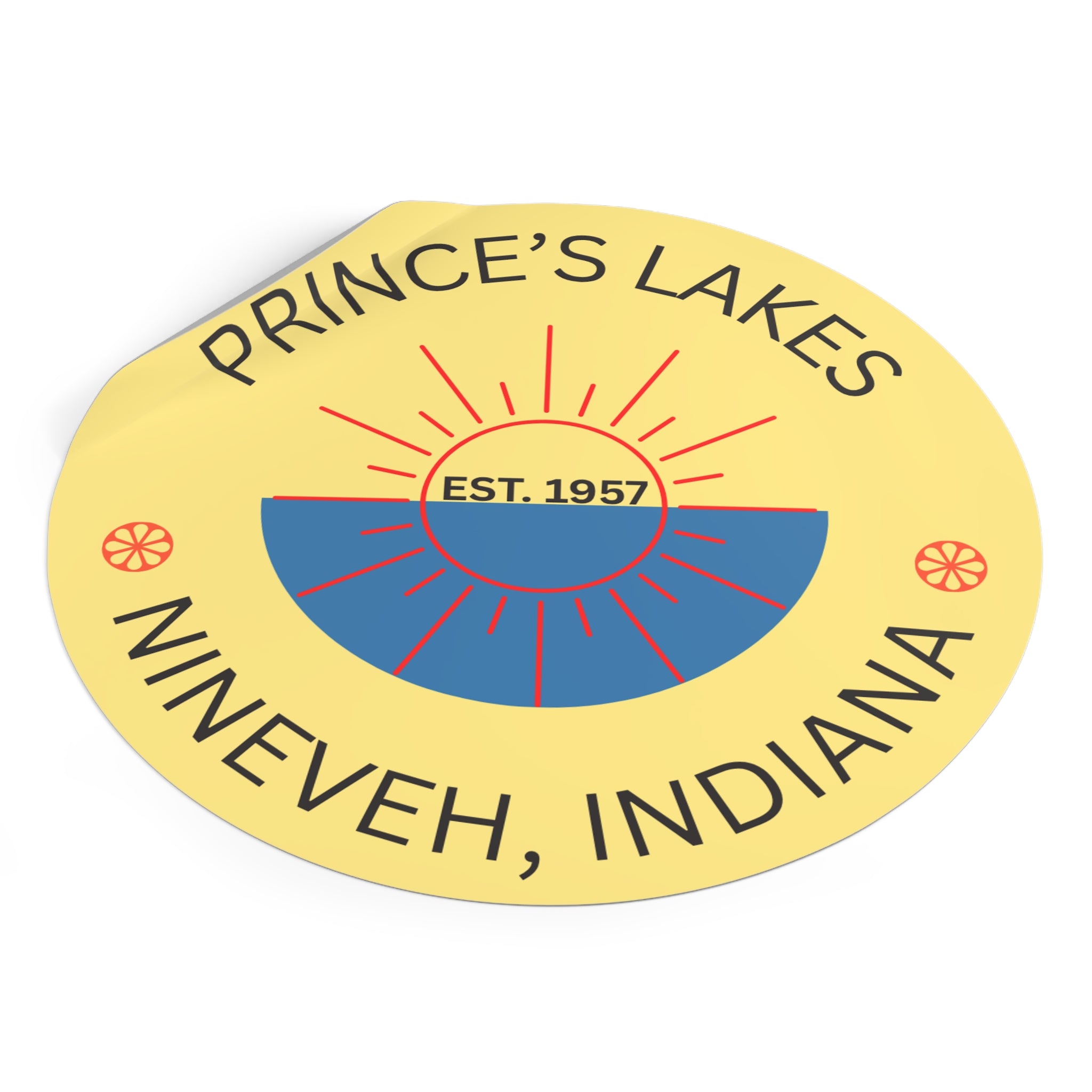 Prince's Lakes Round Vinyl Sun-over-Water Sticker — Nineveh, Indiana Est. 1957