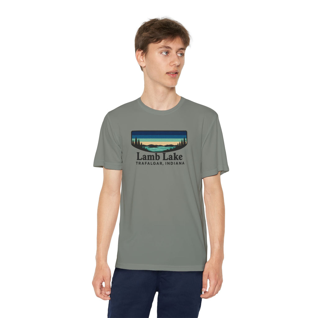 Youth Performance Tee — Lamb Lake Retro Sunset Camp Shirt
