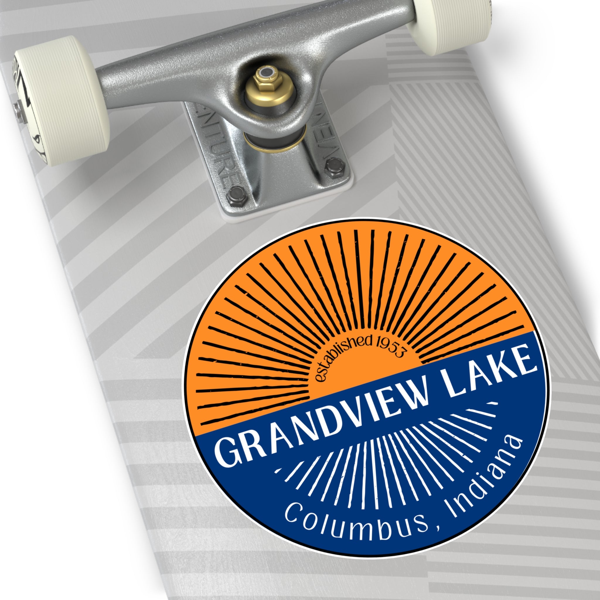 Grandview Lake Split Sun Round Vinyl Sticker — Columbus, Indiana (Established 1953)