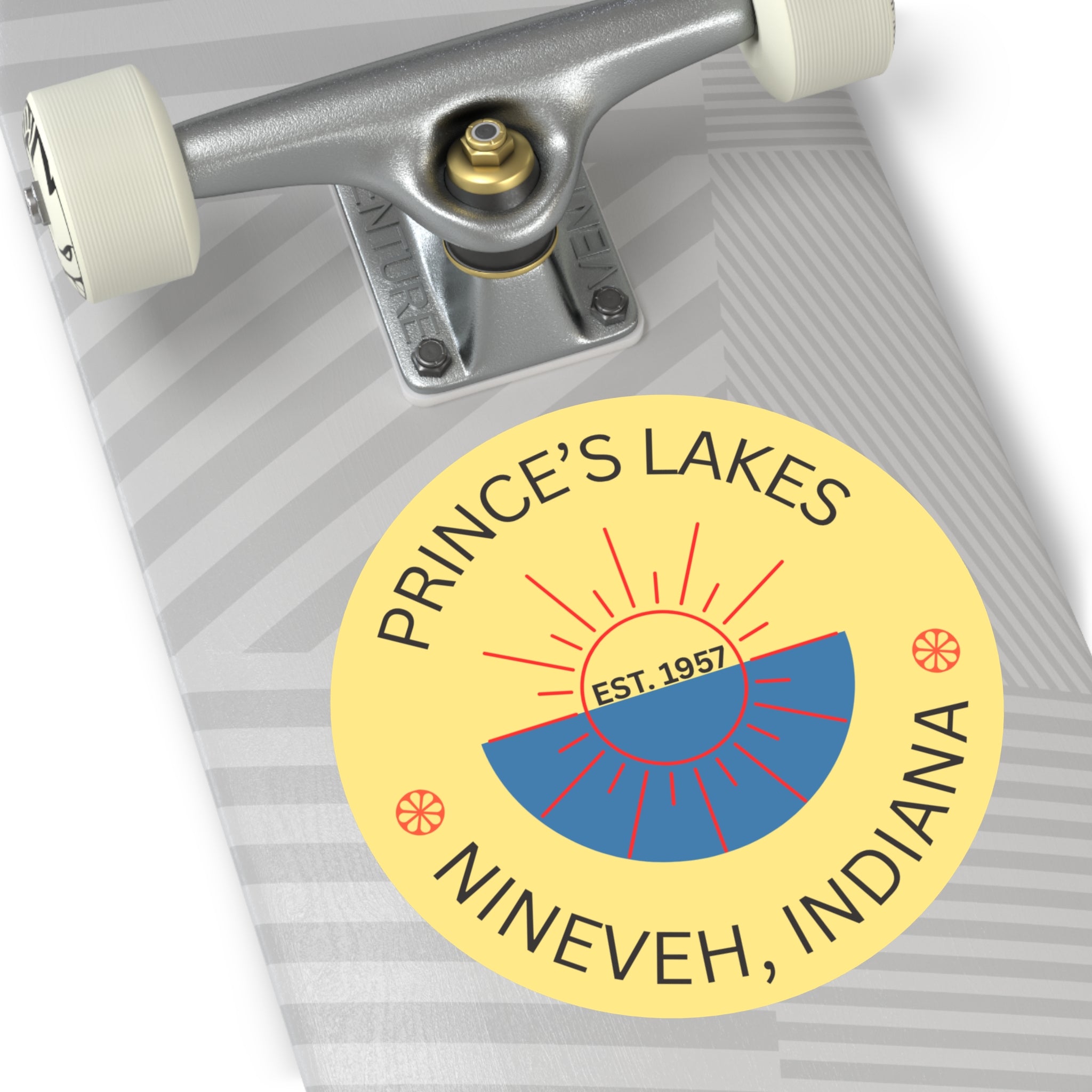 Prince's Lakes Round Vinyl Sun-over-Water Sticker — Nineveh, Indiana Est. 1957