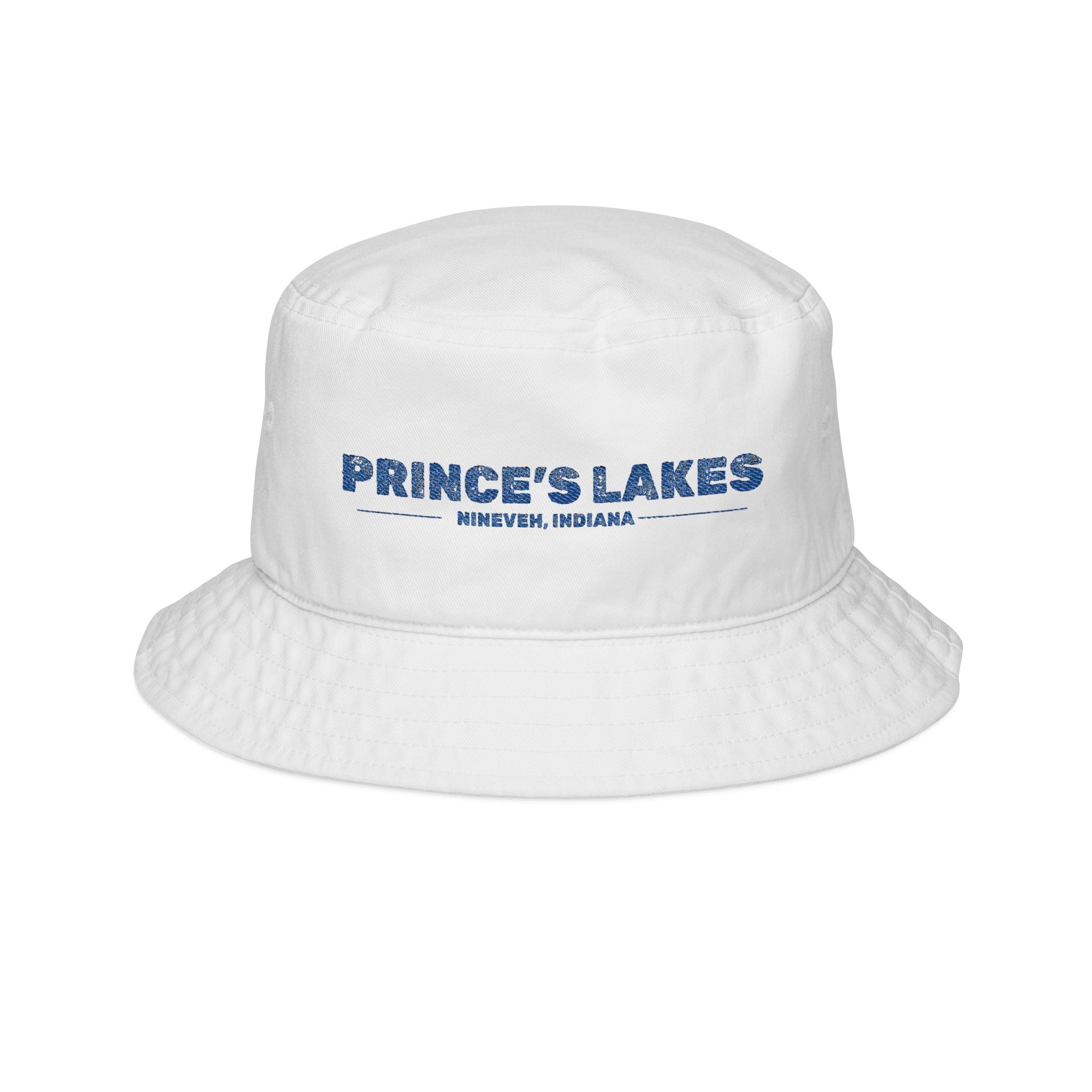 Prince's Lakes Embroidered Bucket Hat — Retro Blue Text Travel Cap