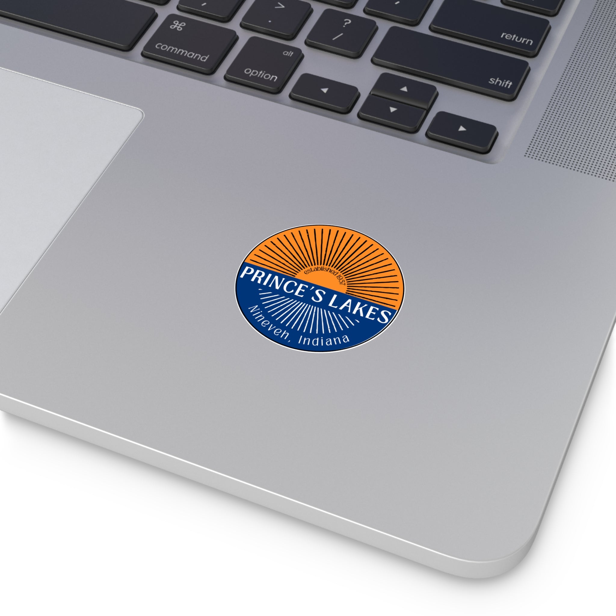 Prince’s Lakes Sunset Round Vinyl Sticker — Nineveh, Indiana Vintage Sunrise Design
