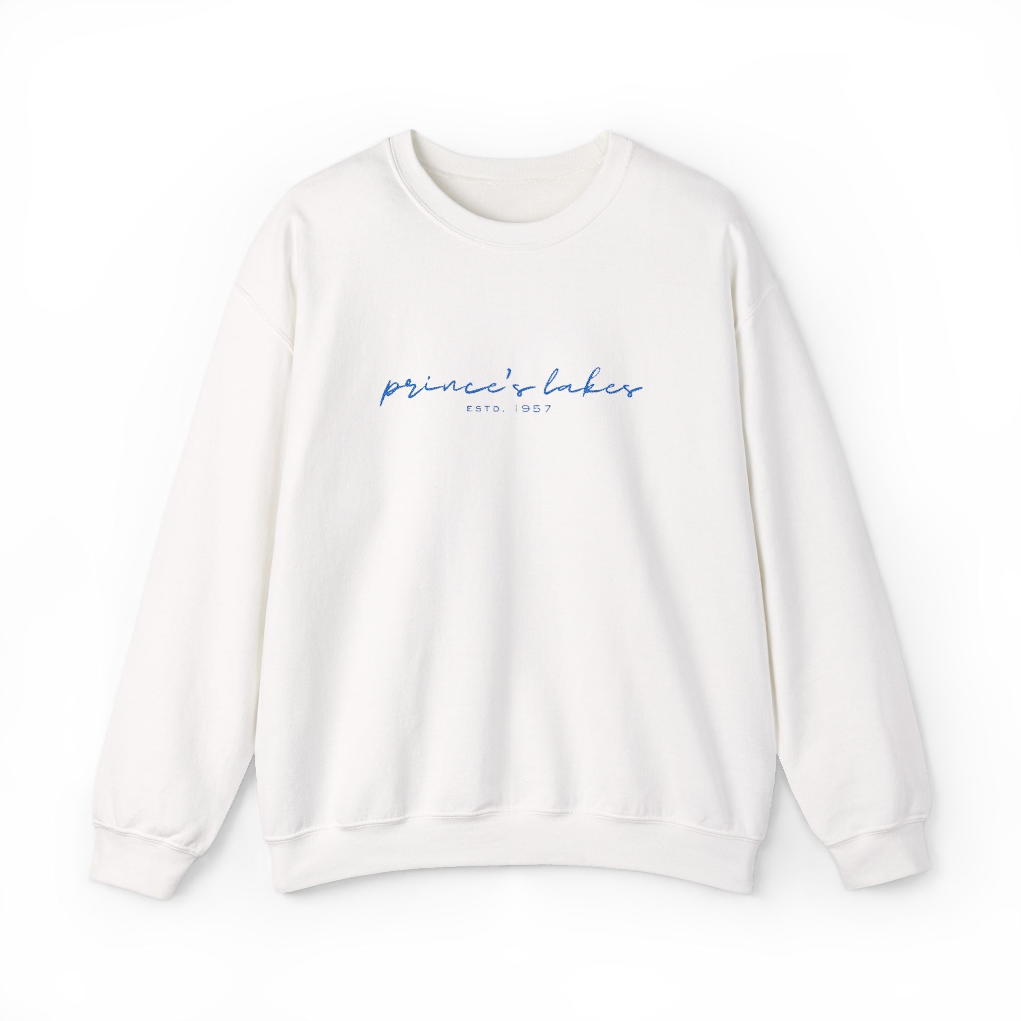 'Prince's Lakes' Script Embroidered Unisex Sweatshirt — Minimal Blue Handwritten Logo Crewneck