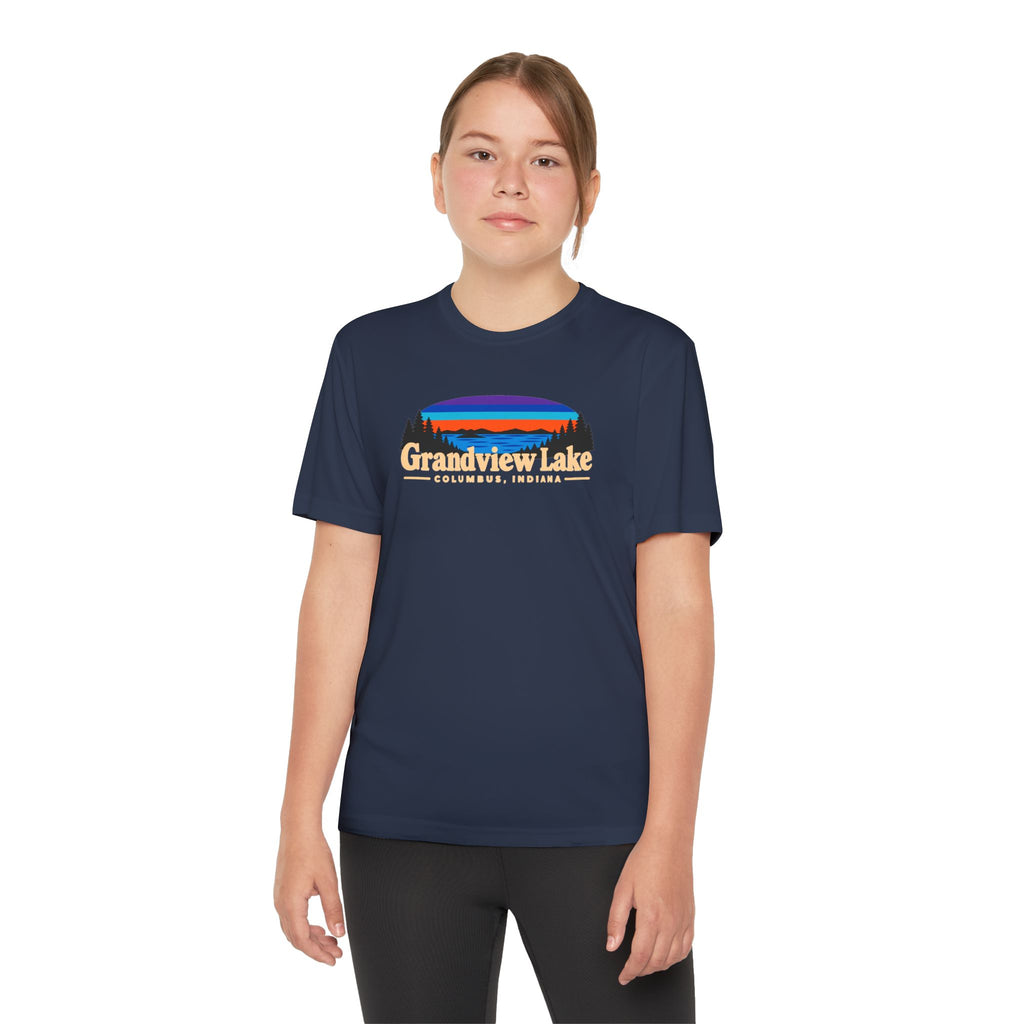 Youth Performance Tee — Grandview Lake Retro Sunset Camp Shirt