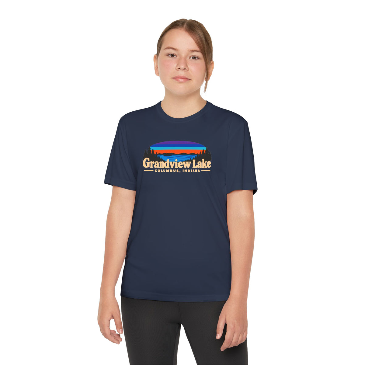 Youth Performance Tee — Grandview Lake Retro Sunset Camp Shirt