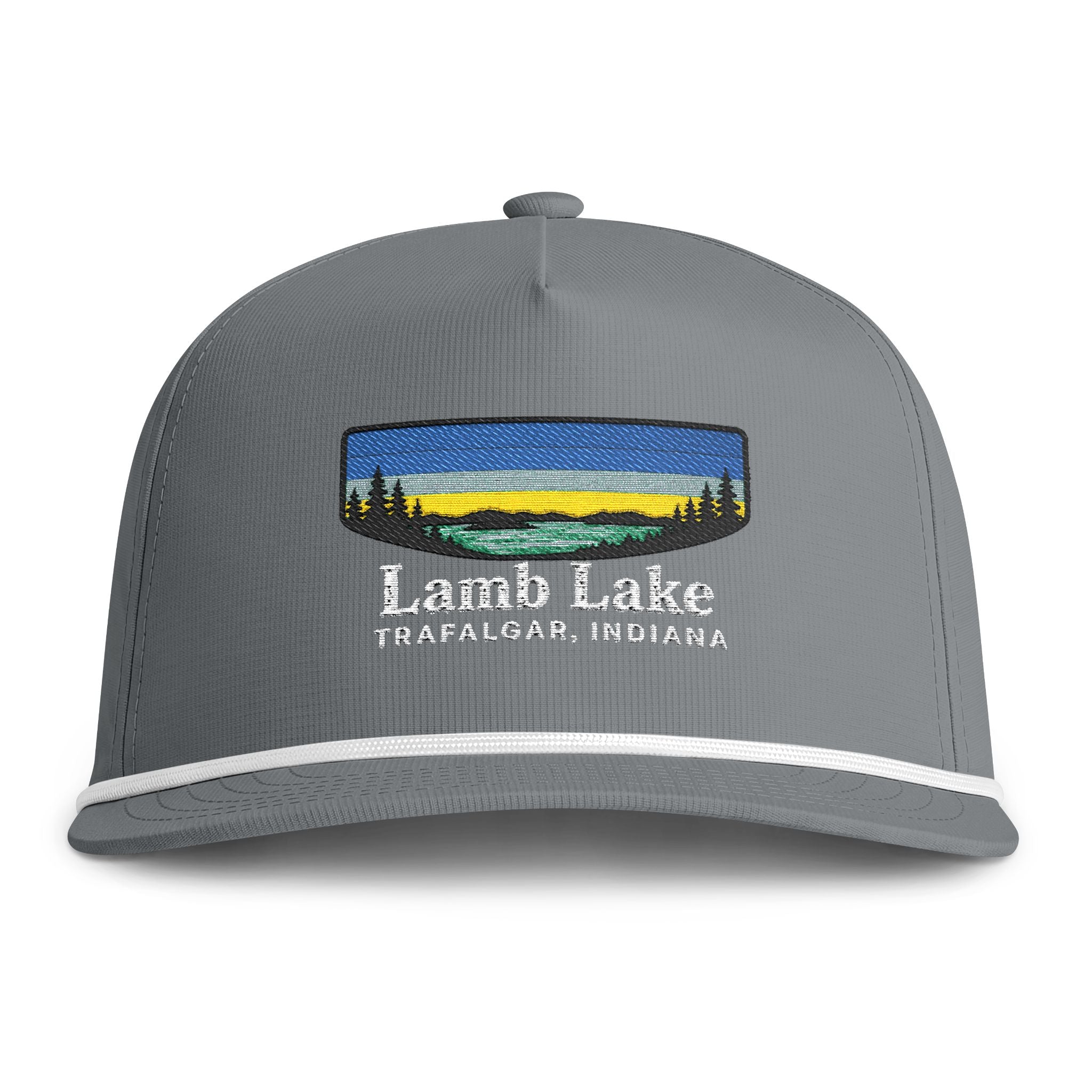 Sunset Lakes Rope Cap — "Lamb Lake" White Font Embroidered Trucker Hat
