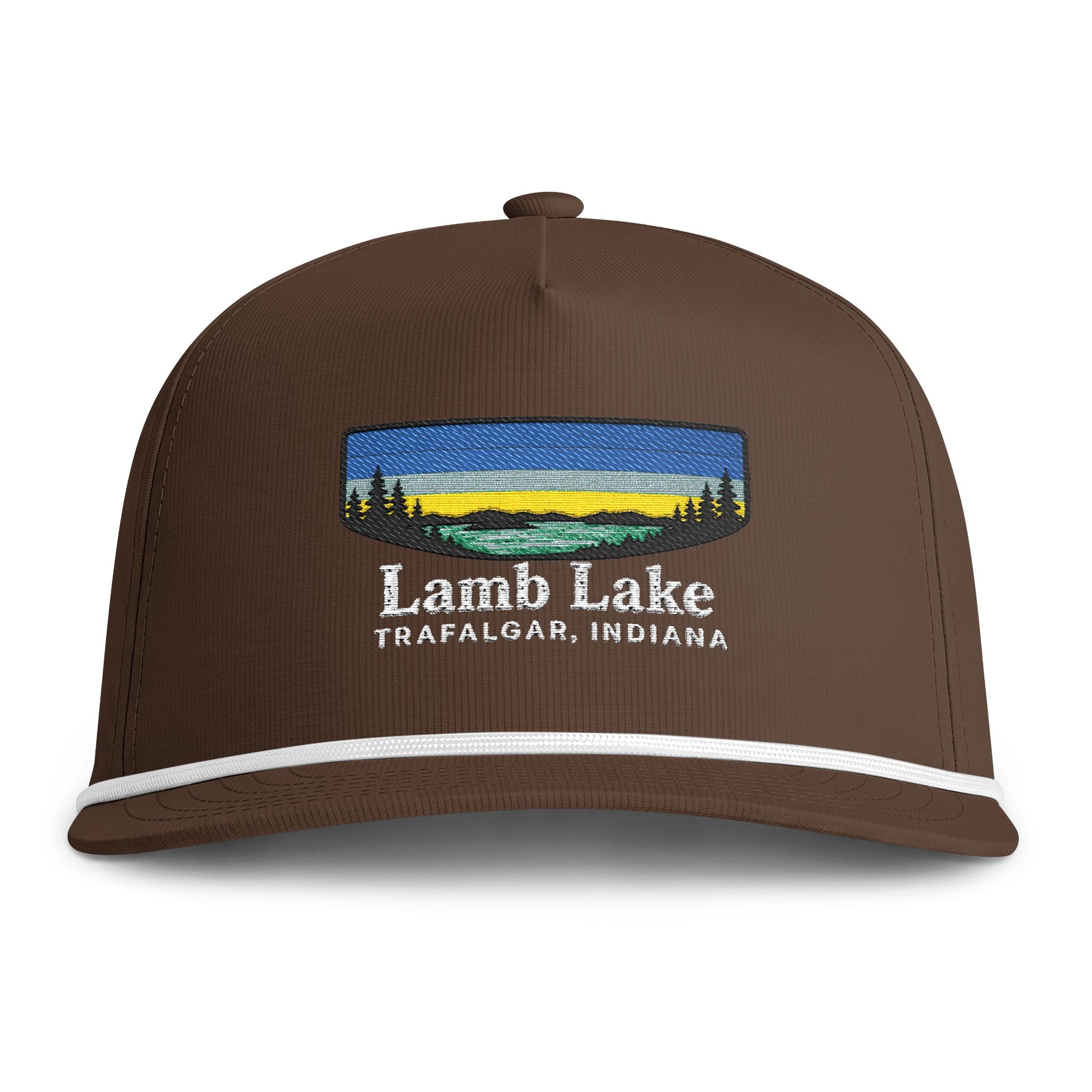Sunset Lakes Rope Cap — "Lamb Lake" White Font Embroidered Trucker Hat