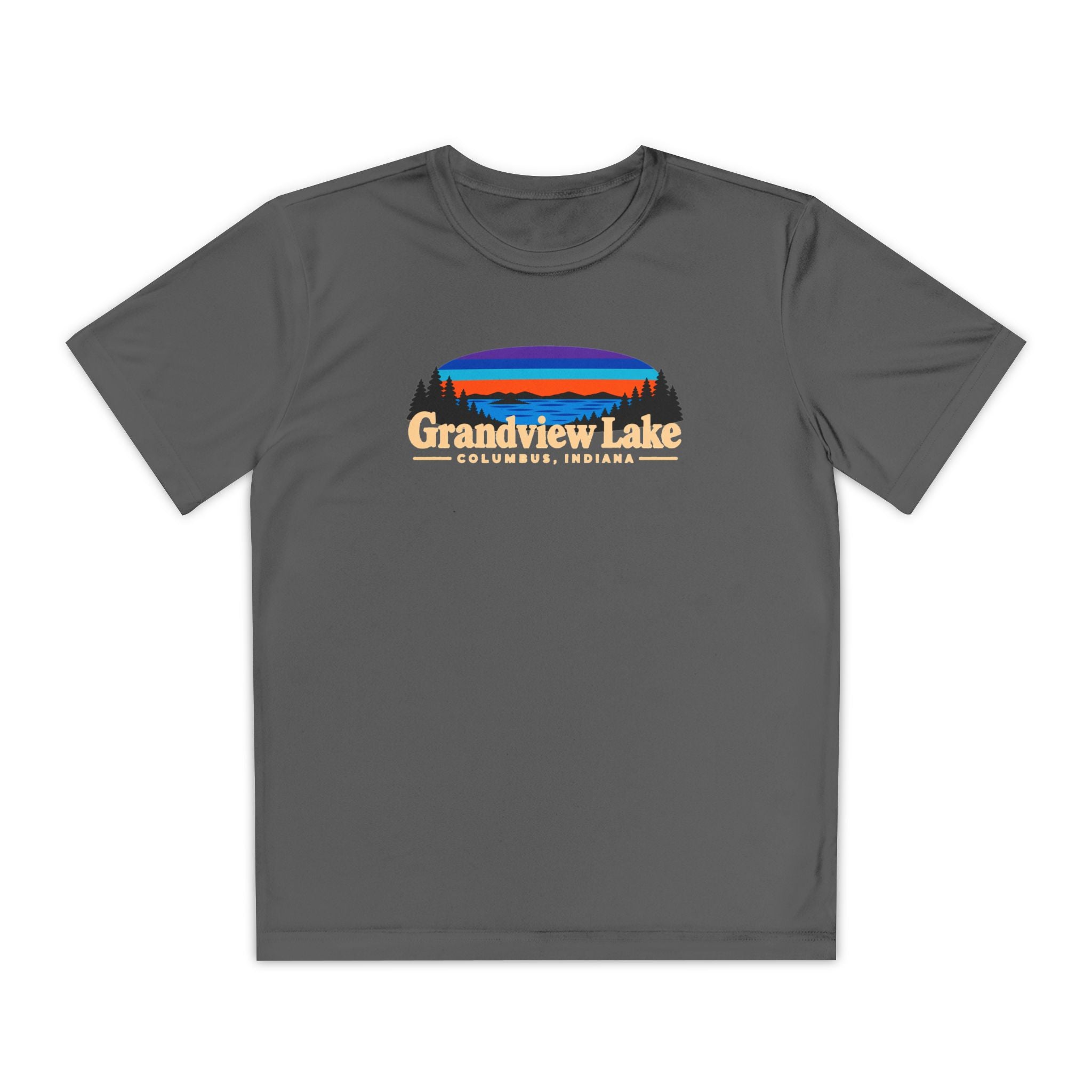 Youth Performance Tee — Grandview Lake Retro Sunset Camp Shirt