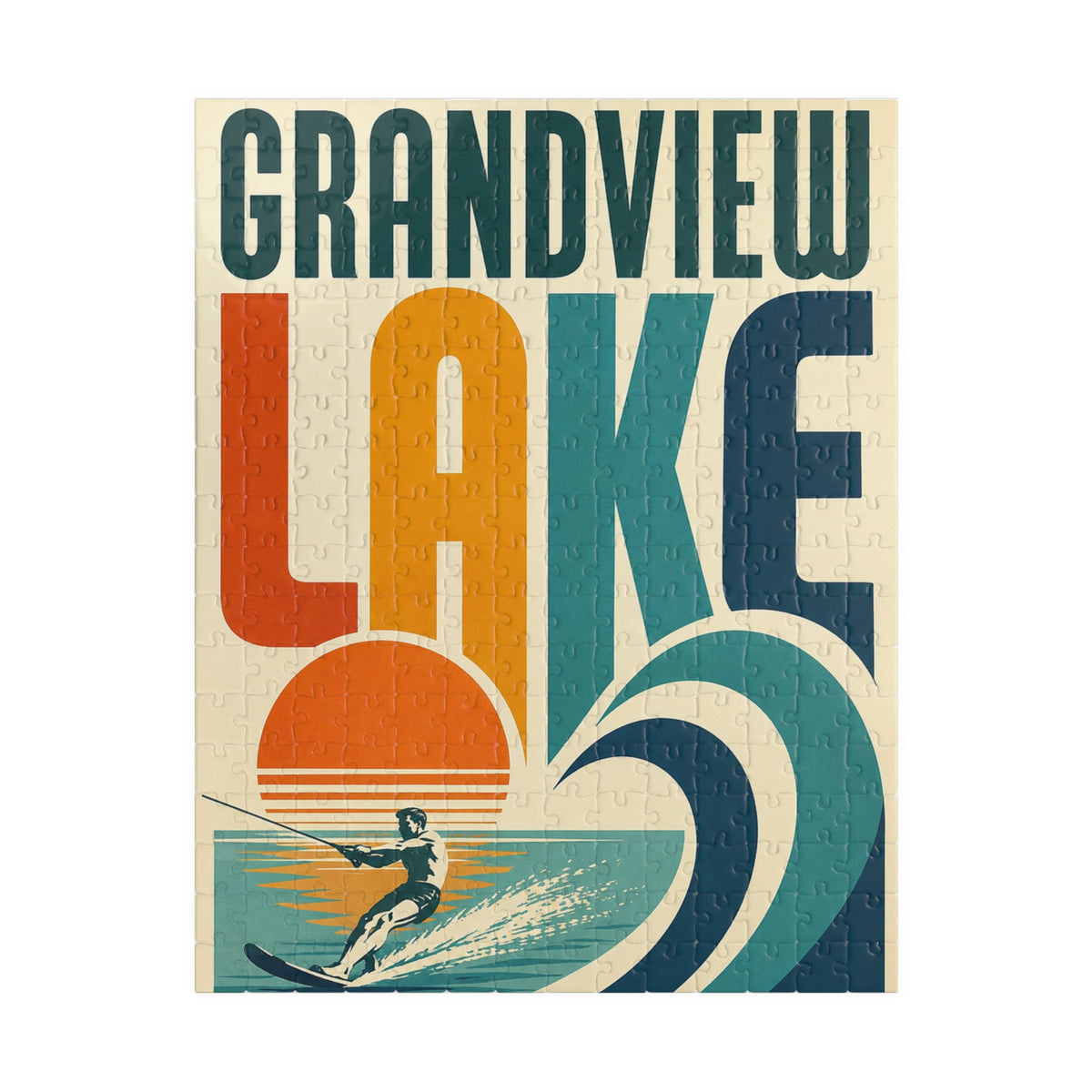 Kids Grandview Lake Retro Waterskiing Puzzle — Vintage Lake Poster Jigsaw (110/252/520 pcs)