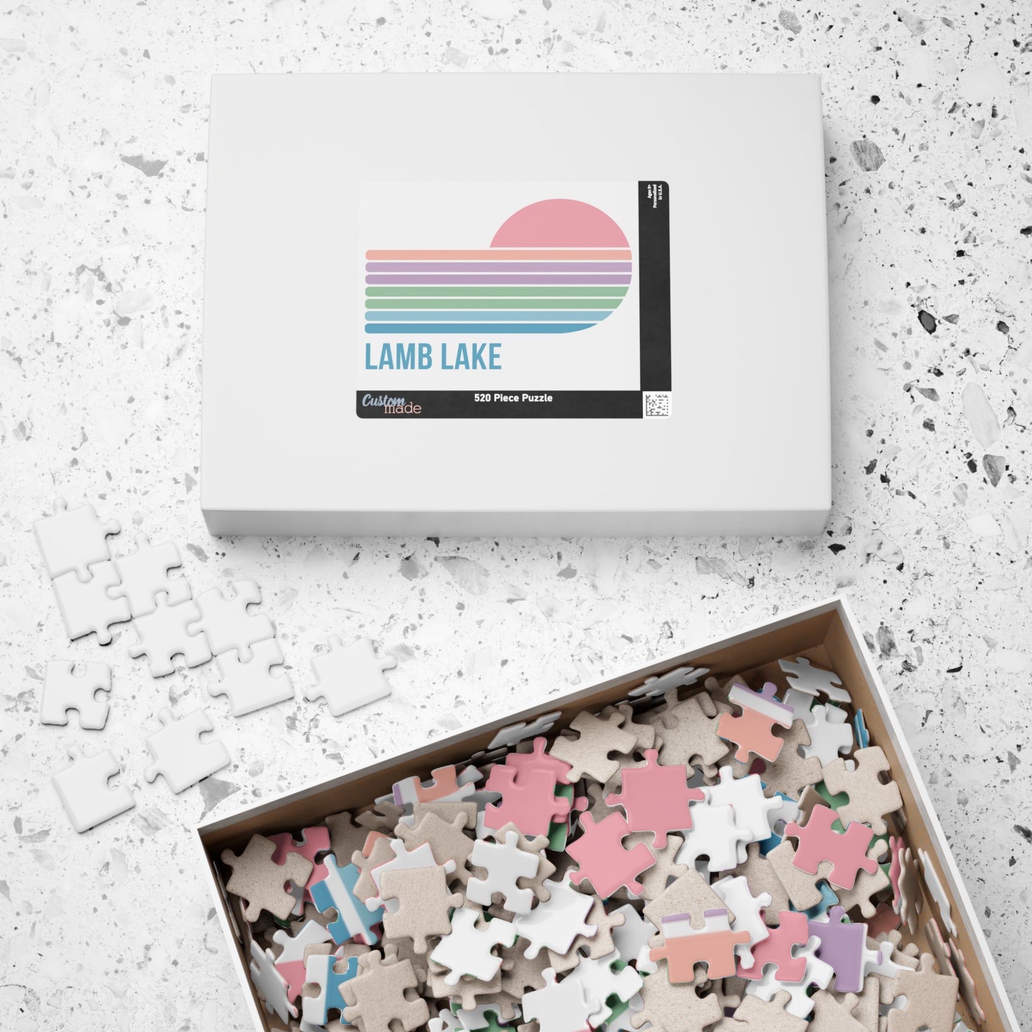 Kids Lamb Lake Sunset Puzzle — Pastel Stripes Jigsaw (110, 252, 510 pc)
