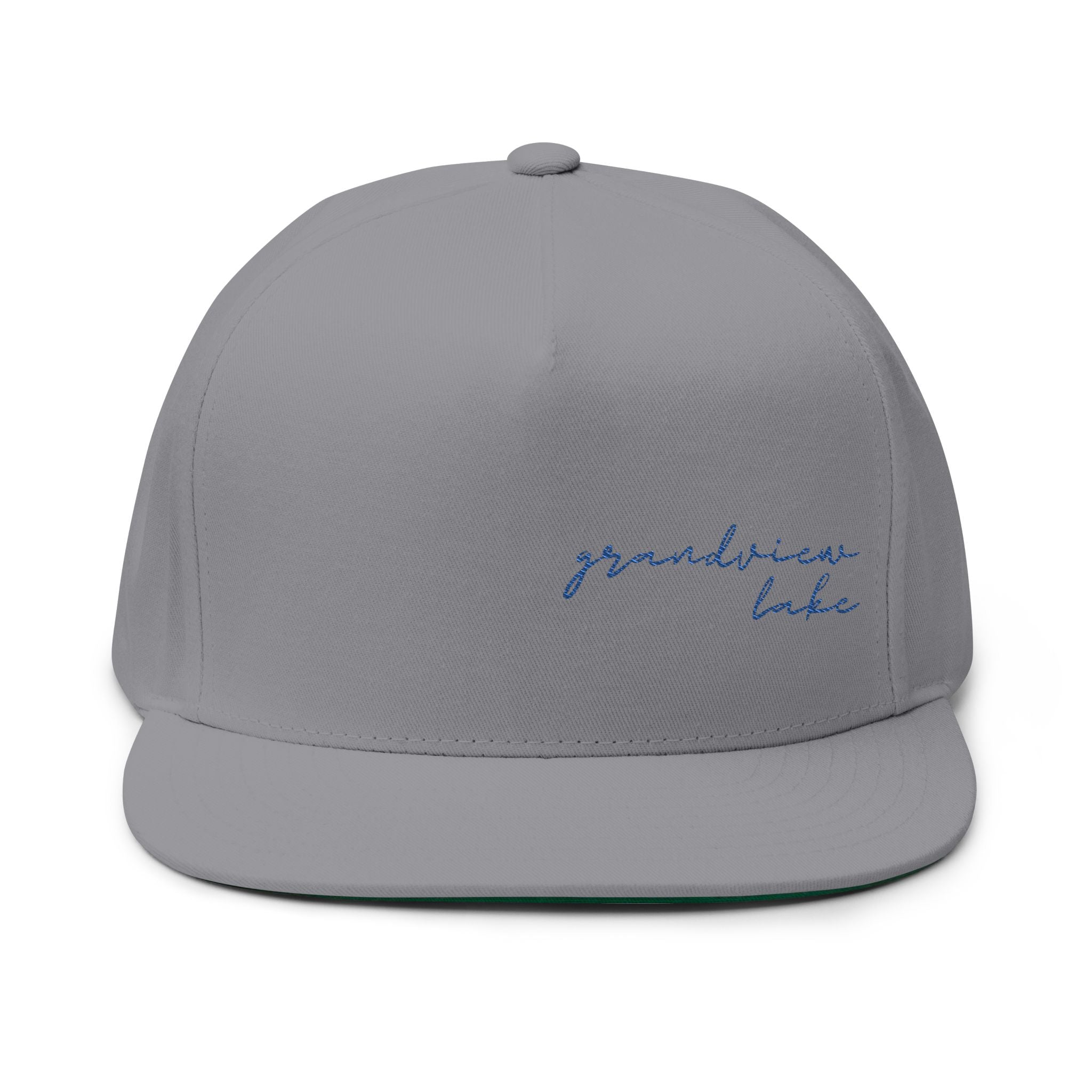 Flat Bill Cap — "Grandview Lake" Script Embroidered Snapback Hat