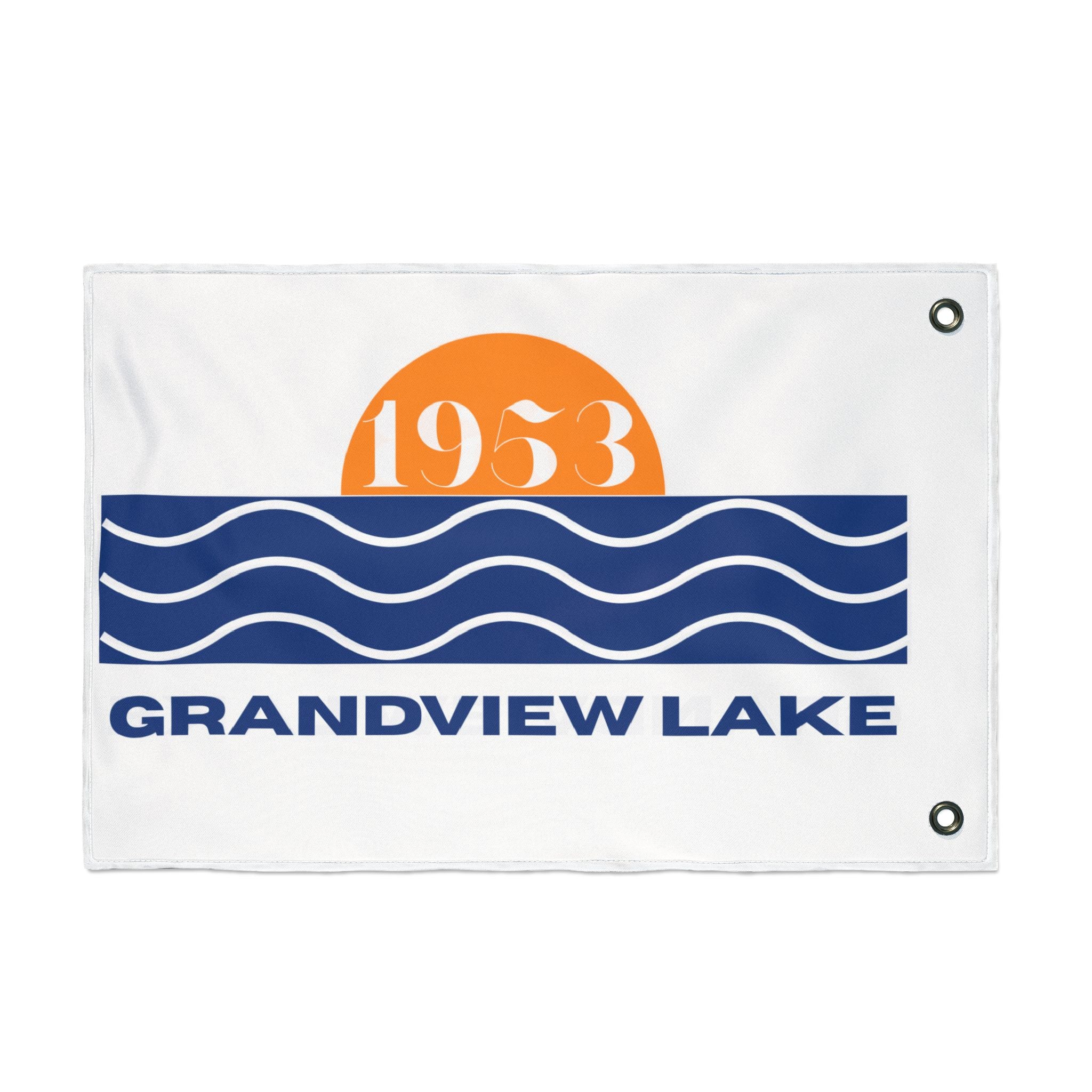 Grandview Lake Double-Sided Outdoor Flag — Sunset Wave Logo Garden Flag