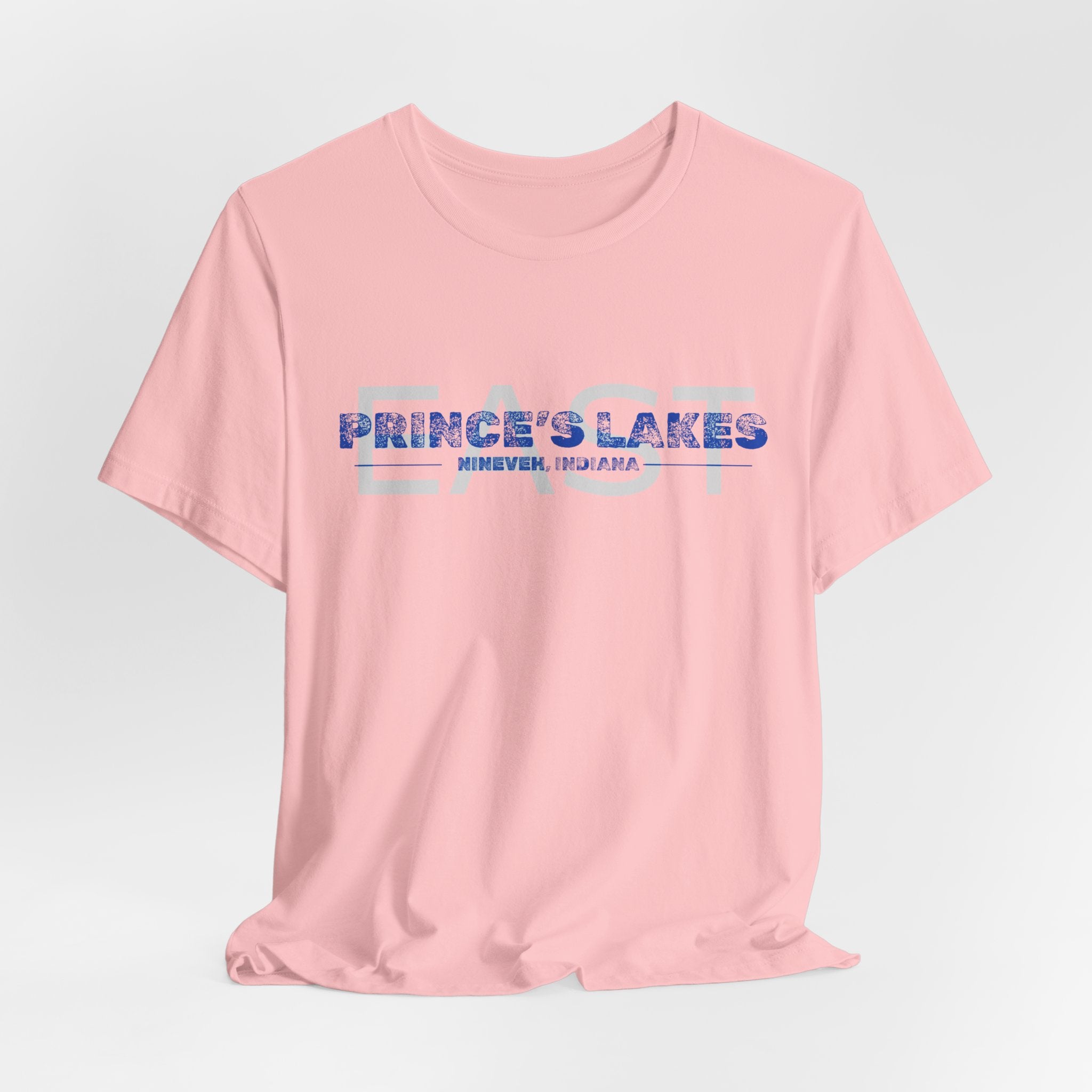 EAST Prince's Lakes, Indiana Tee — Vintage Blue Text Short Sleeve T-Shirt