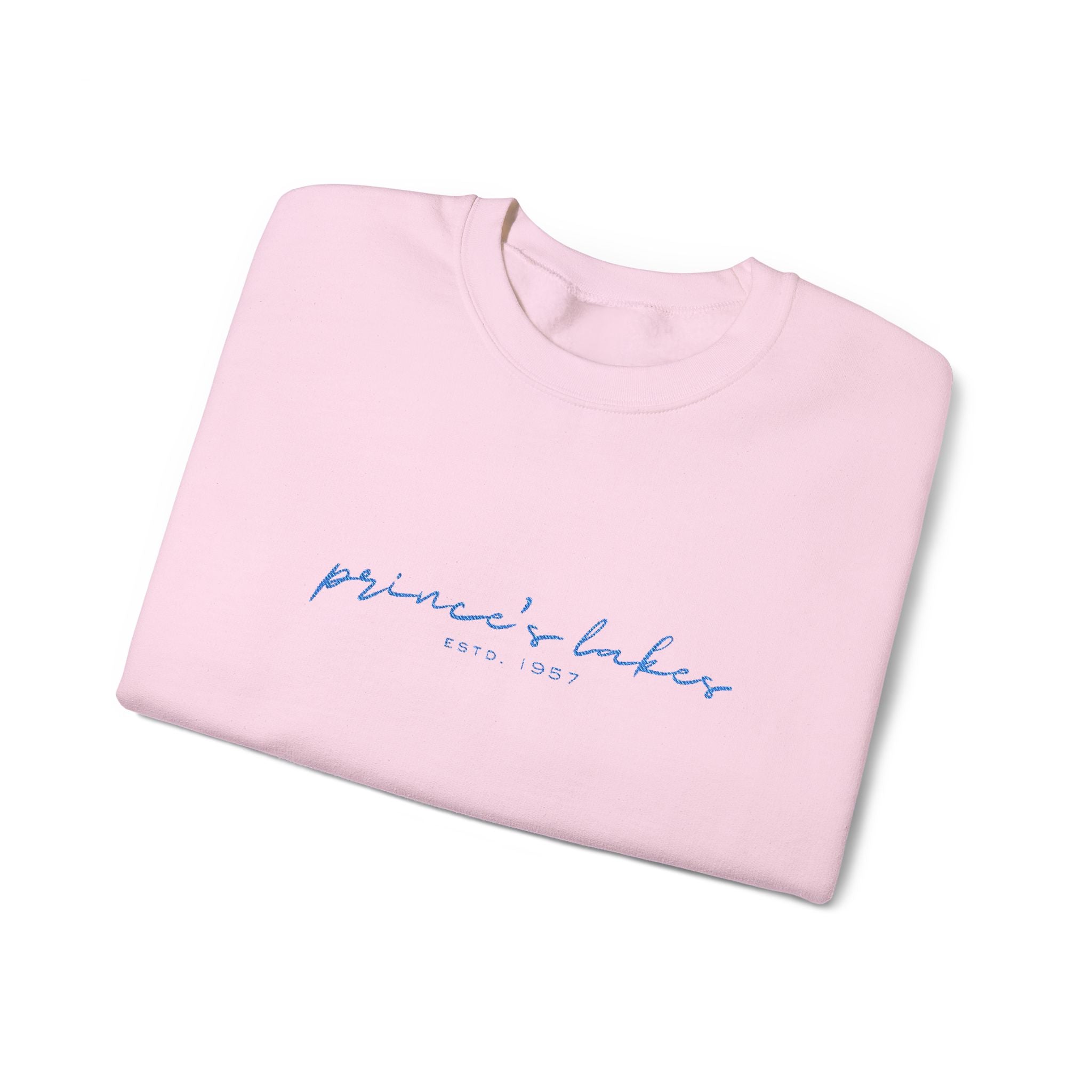 'Prince's Lakes' Script Embroidered Unisex Sweatshirt — Minimal Blue Handwritten Logo Crewneck