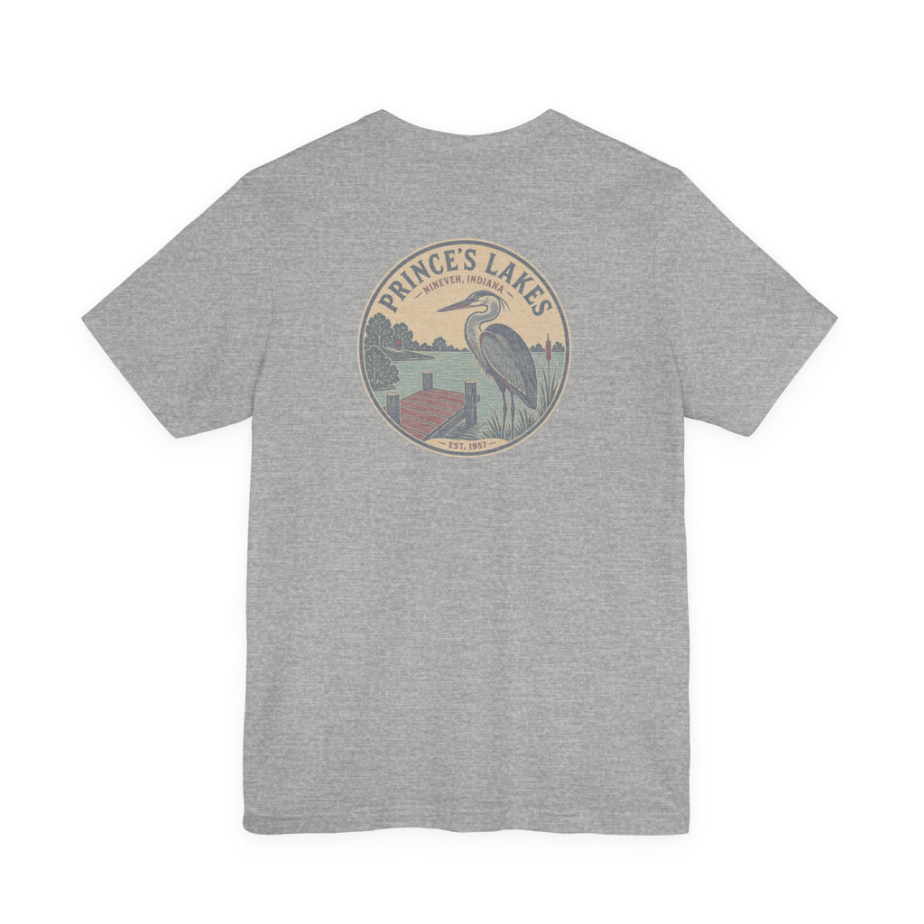 Prince's Lakes Great Blue Heron Graphic Tee — Vintage Nature Pocket & Back Print
