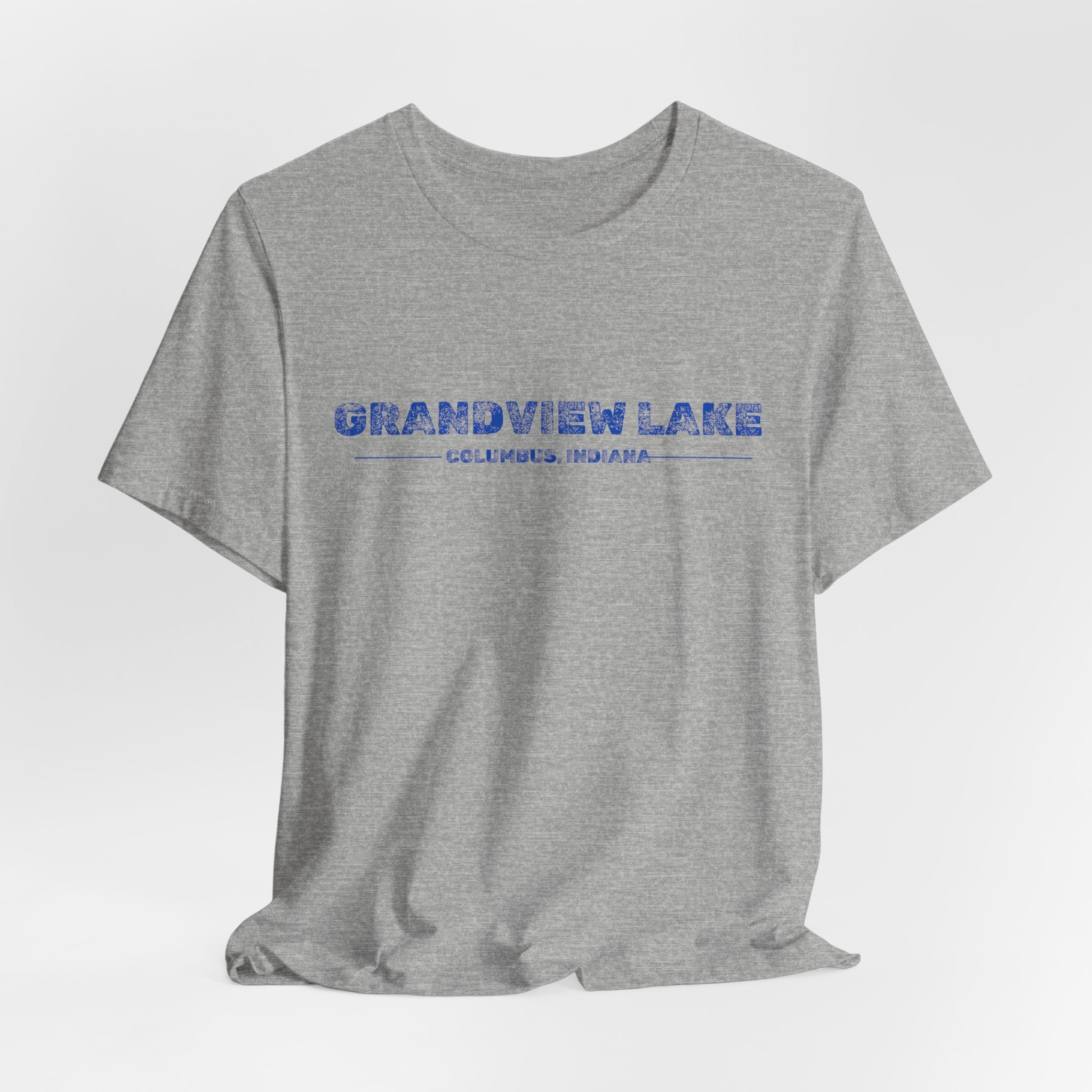 Grandview Lake Columbus, Indiana Tee — Vintage Blue Text Short Sleeve T-Shirt