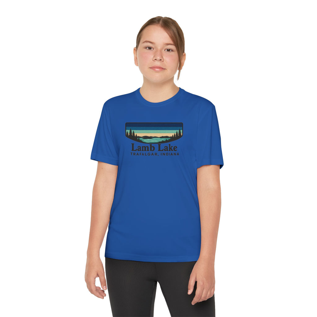 Youth Performance Tee — Lamb Lake Retro Sunset Camp Shirt