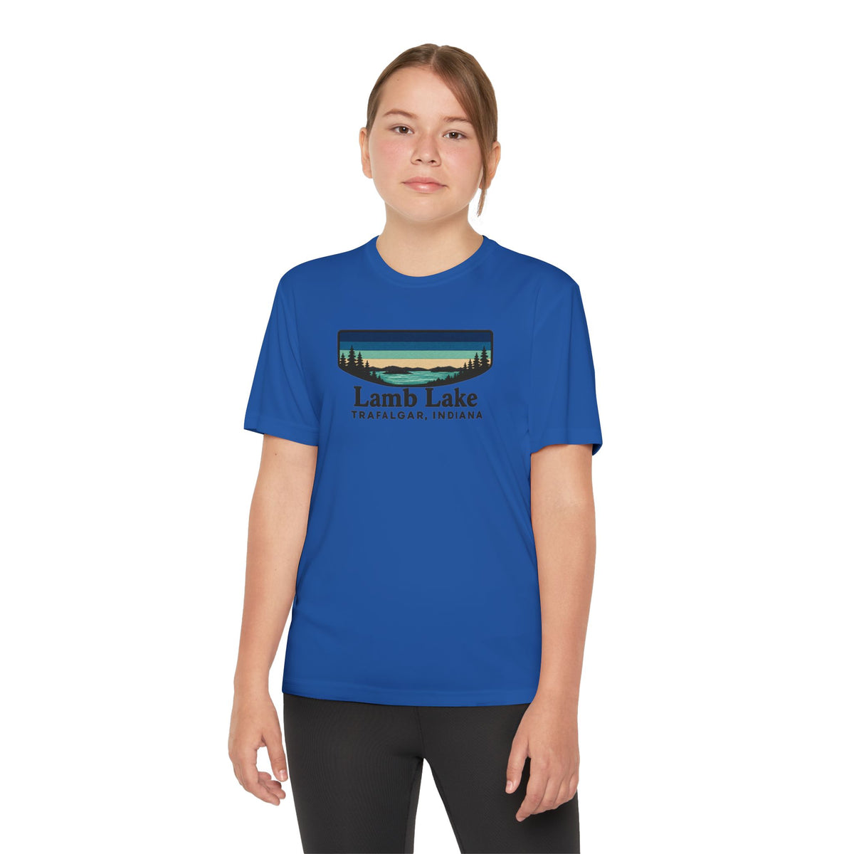 Youth Performance Tee — Lamb Lake Retro Sunset Camp Shirt