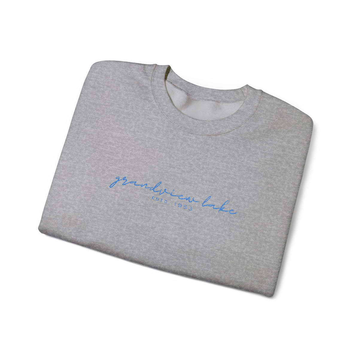 Grandview Lake Script Embroidered Unisex Sweatshirt — Minimal Blue Handwritten Logo Crewneck