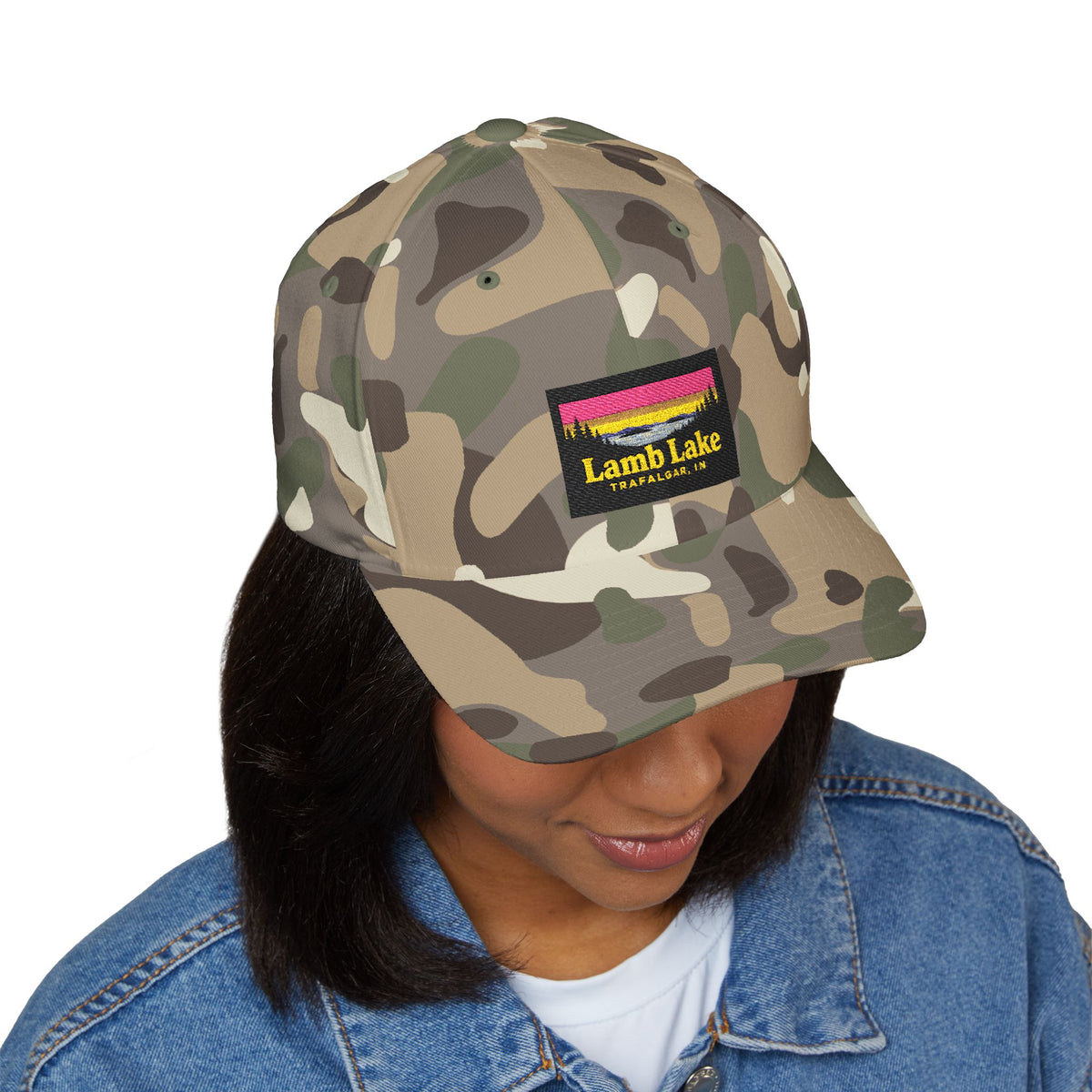 Lamb Lake Embroidered Cap — Scenic Lake Sunset Hat