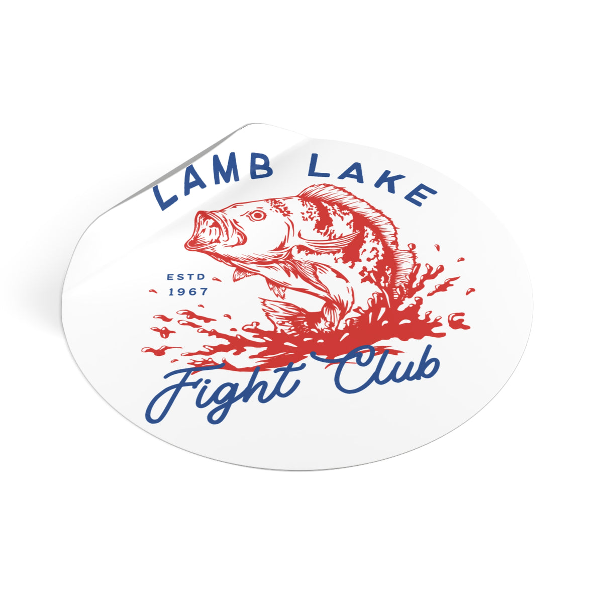Lamb Lake Fight Club Round Vinyl Sticker — Vintage Fishing Bass Emblem (ESTD 1967)