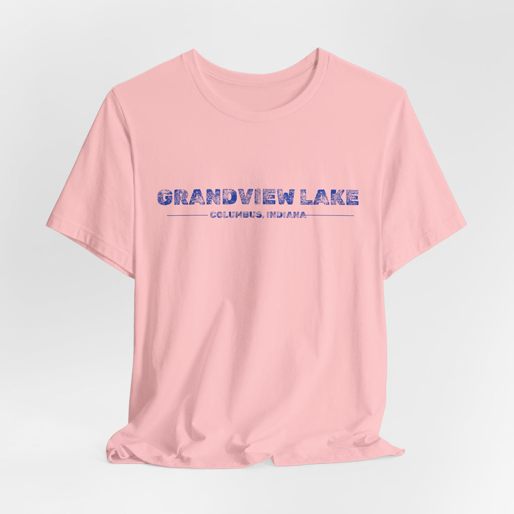Grandview Lake Columbus, Indiana Tee — Vintage Blue Text Short Sleeve T-Shirt
