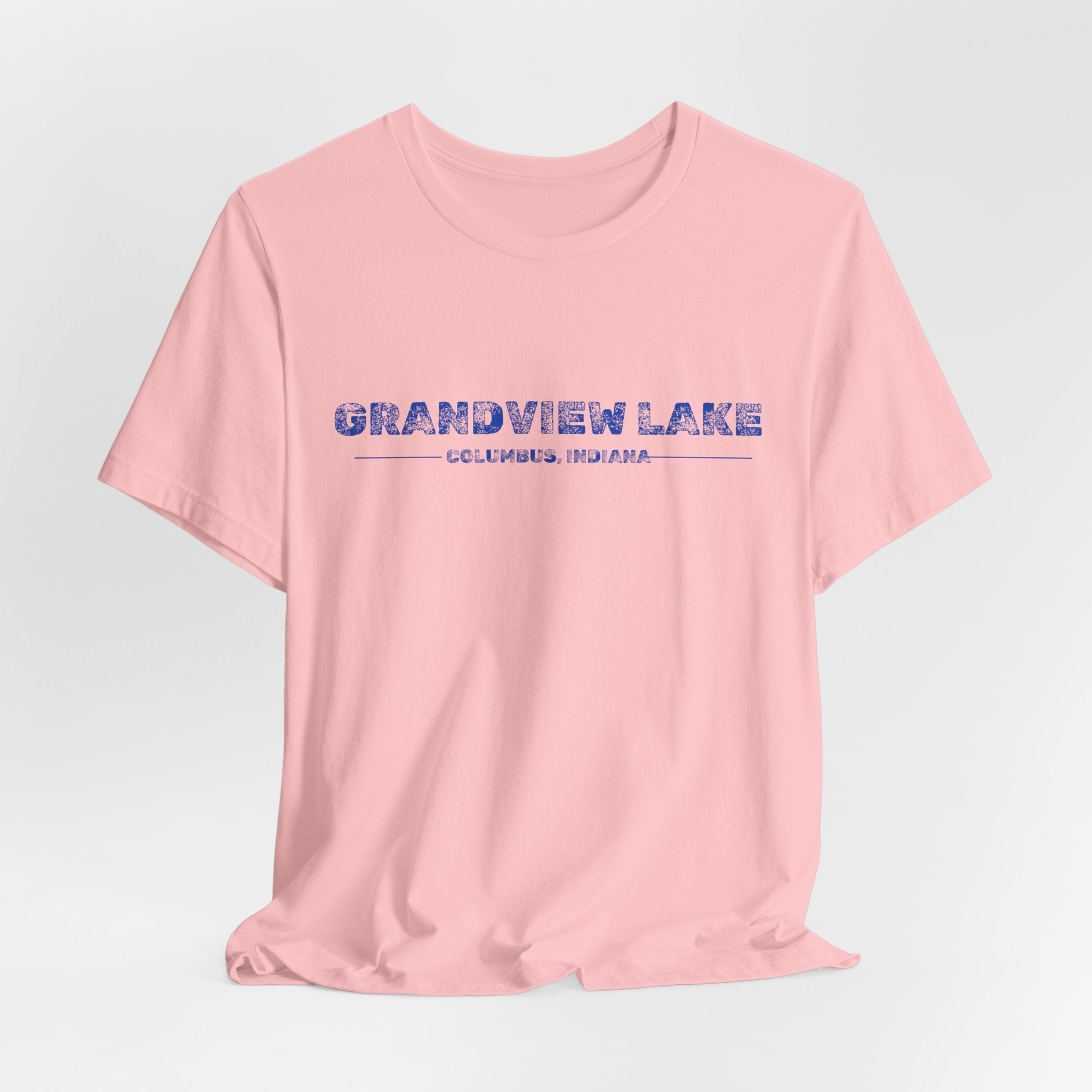 Grandview Lake Columbus, Indiana Tee — Vintage Blue Text Short Sleeve T-Shirt
