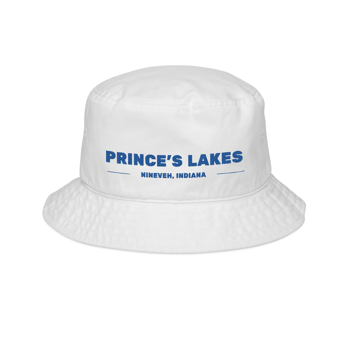 Prince's Lakes Embroidered Bucket Hat — Retro Blue Text Travel Cap
