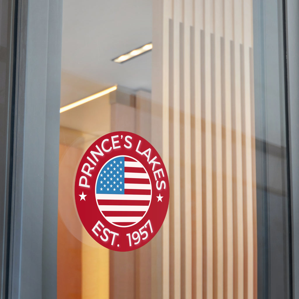 Prince's Lakes Est. 1957 Round Vinyl Sticker — American Flag Lake Pride