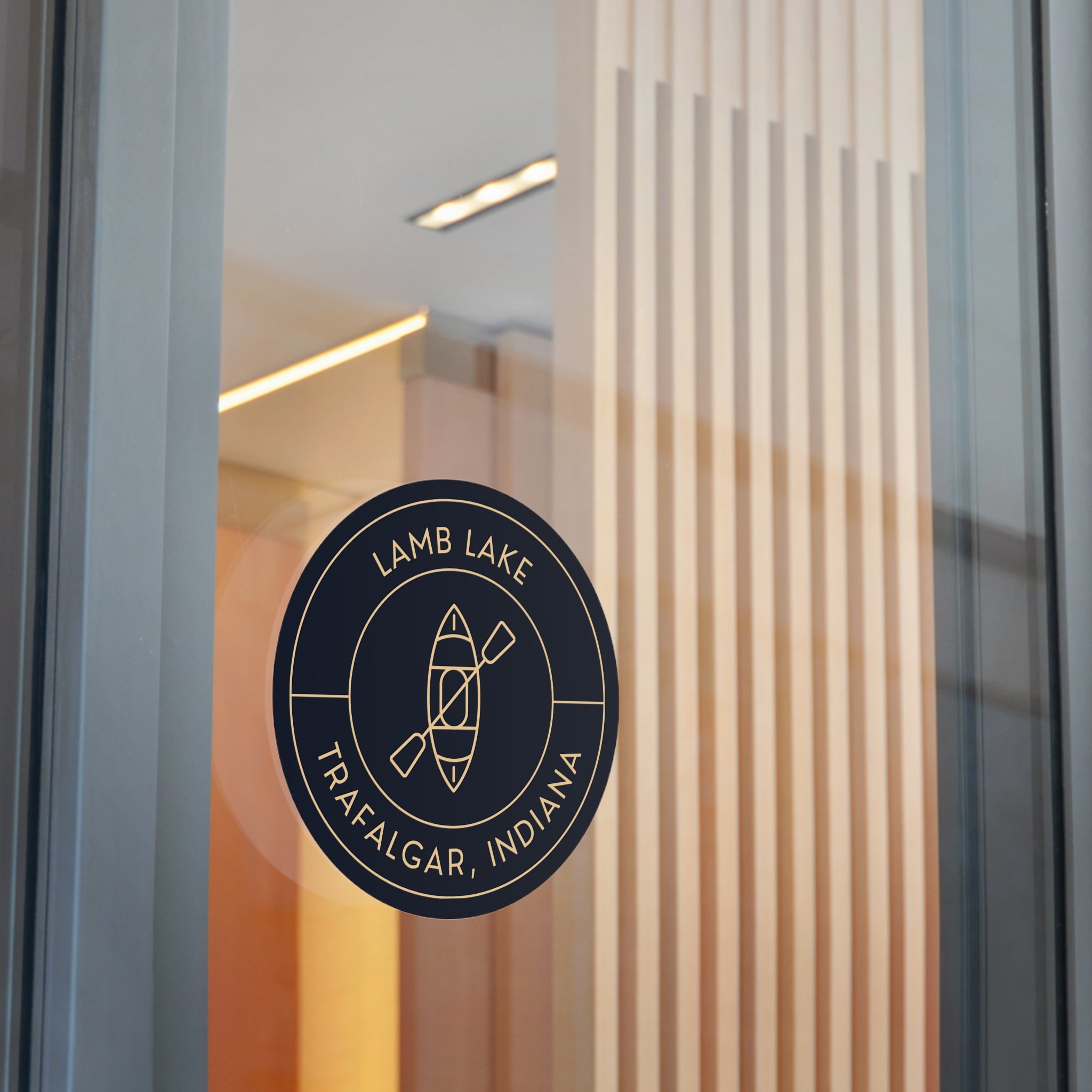 Lamb Lake Trafalgar Indiana Round Vinyl Sticker – Kayak Logo