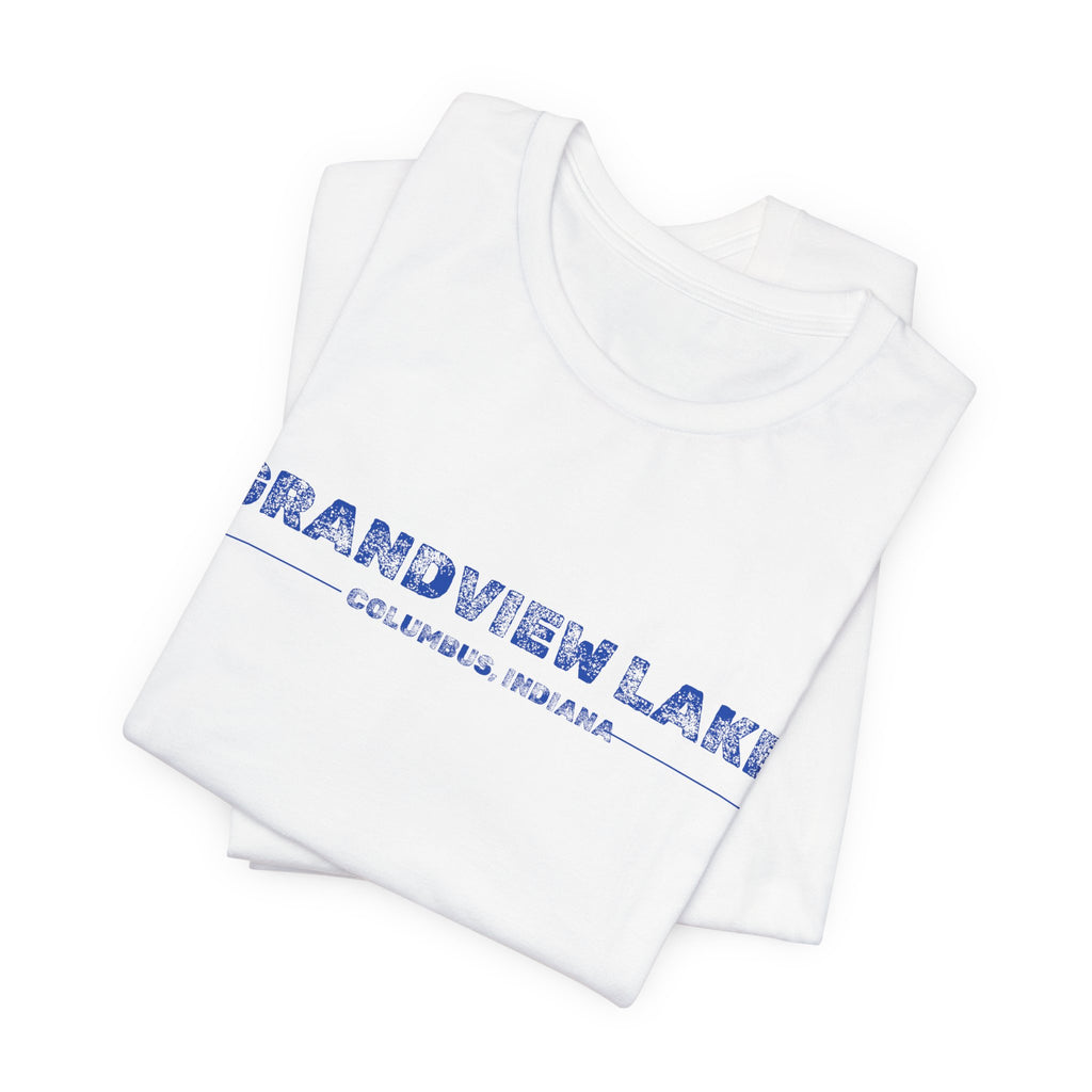 Grandview Lake Columbus, Indiana Tee — Vintage Blue Text Short Sleeve T-Shirt