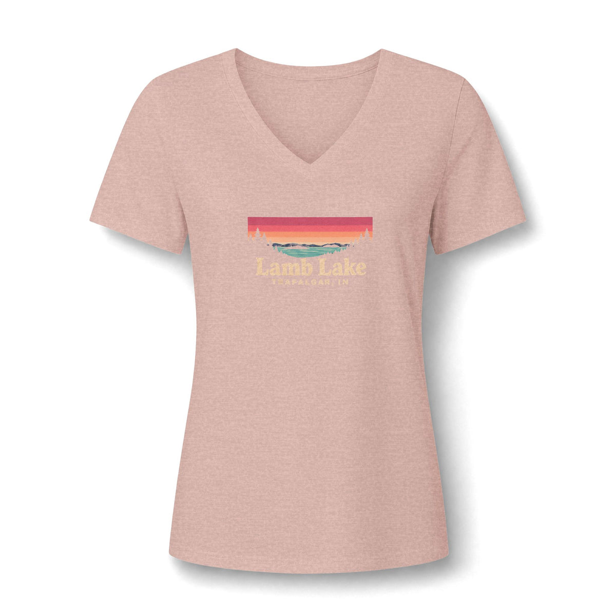 Lamb Lake Women's V-Neck Tee — Sunset Lake Graphic