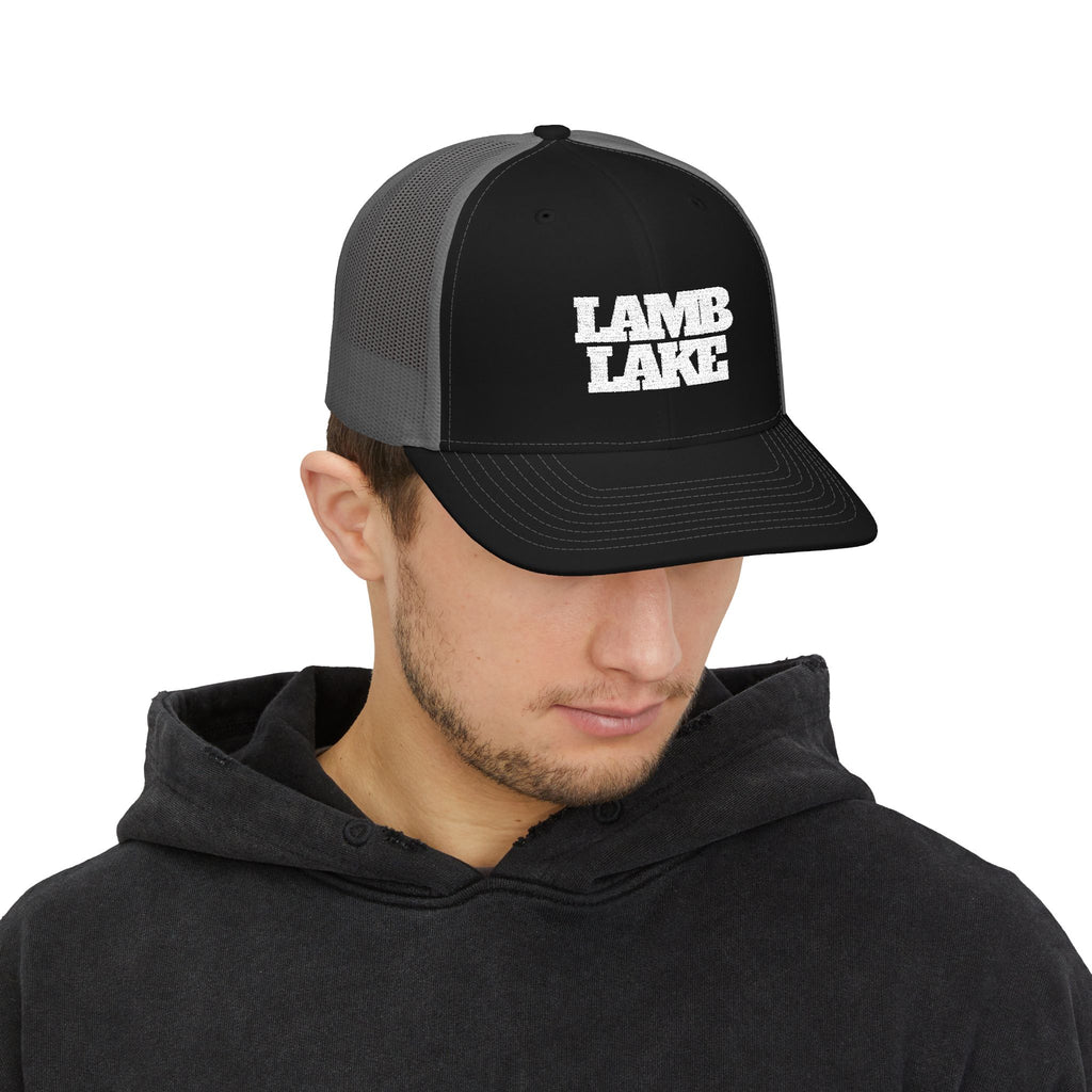 Lamb Lake Trucker Hat — Vintage White Mesh Snapback Cap