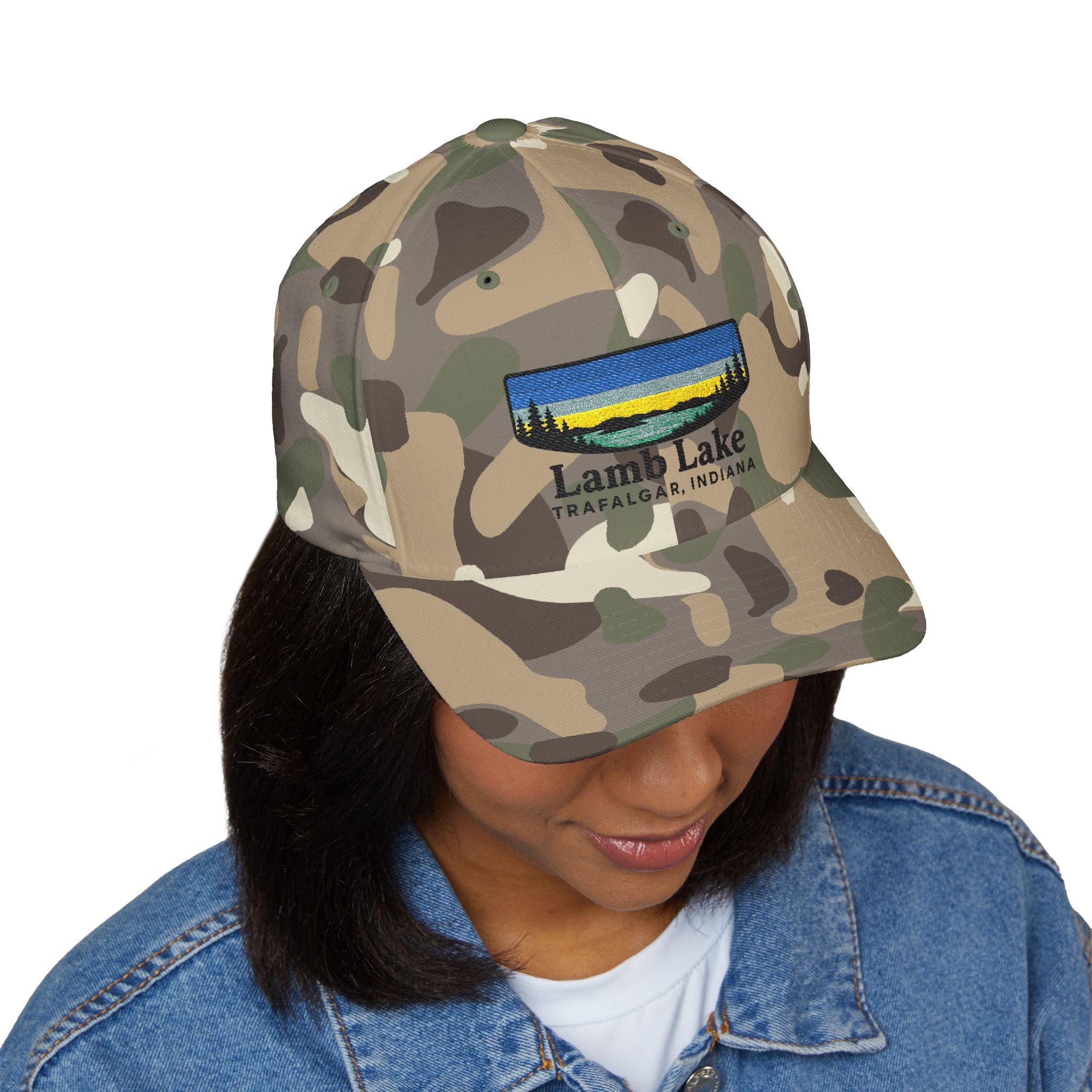 Lamb Lake Embroidered Cap — Scenic Lake Sunset Hat