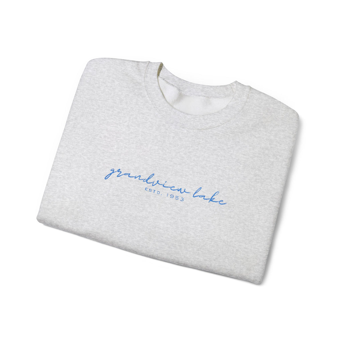 Grandview Lake Script Embroidered Unisex Sweatshirt — Minimal Blue Handwritten Logo Crewneck